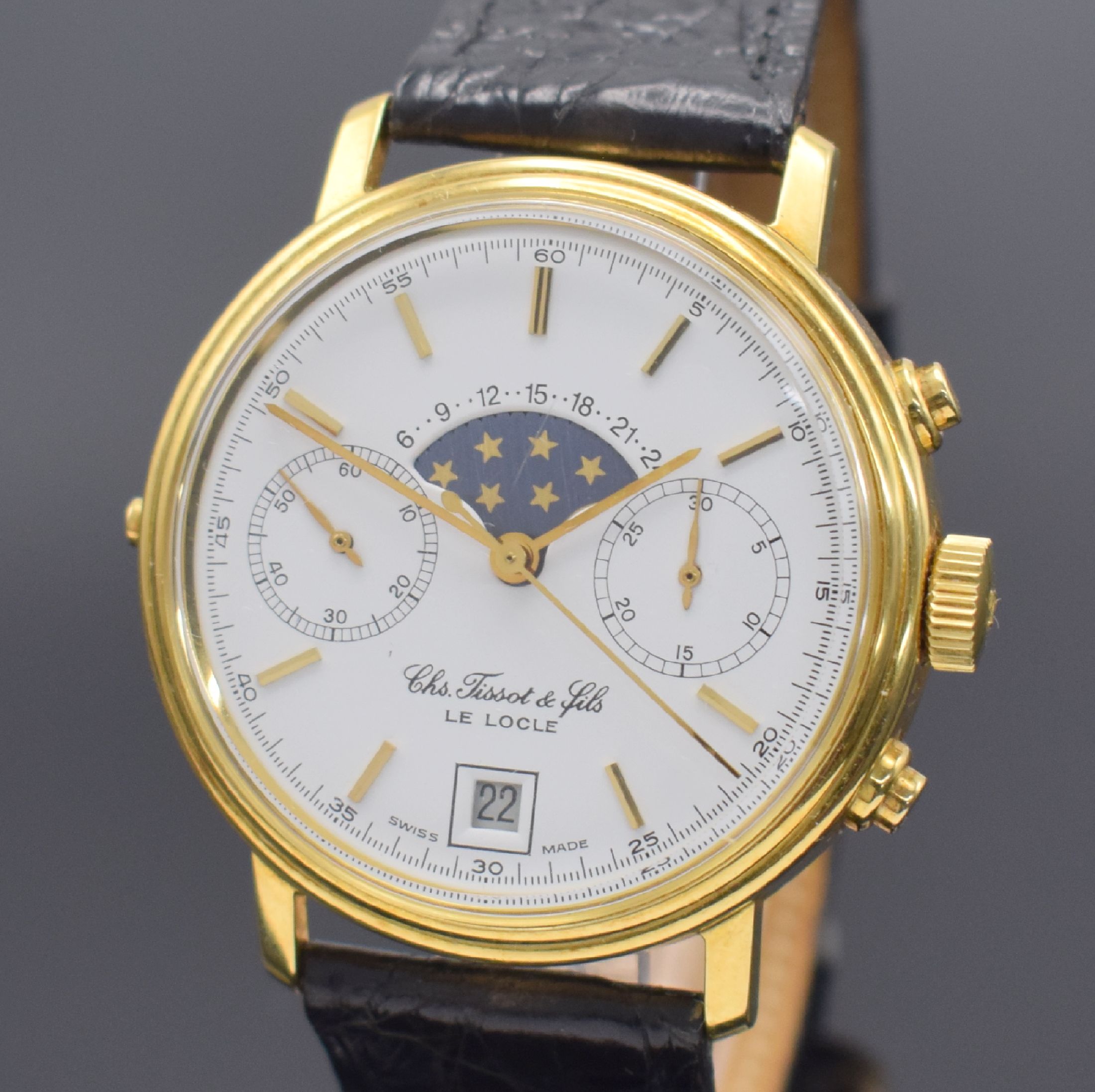 Detail a: TISSOT Le Locle Herrenchronograph mit Mondphase in GG 750/000, Schweiz um 1980, Handaufzug, Boden verschr., Korrekturdr. seitl. im Geh. b. 9, orig. ...