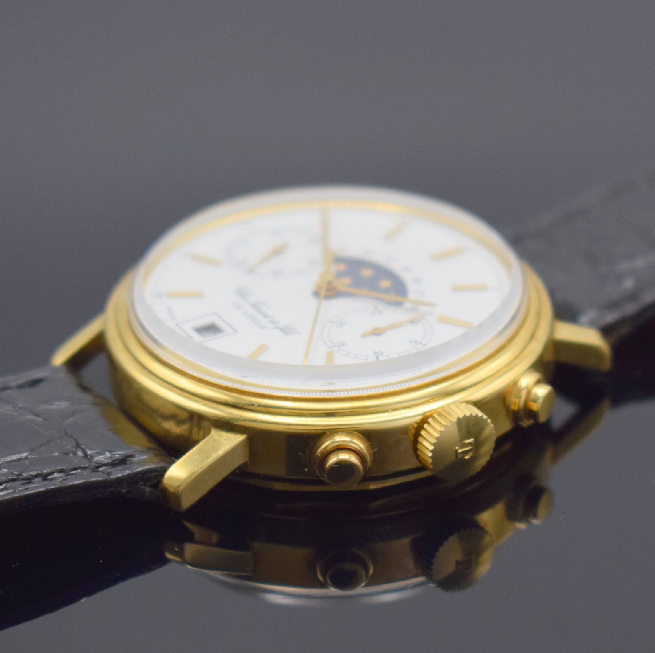 Detail b: TISSOT Le Locle Herrenchronograph mit Mondphase in GG 750/000, Schweiz um 1980, Handaufzug, Boden verschr., Korrekturdr. seitl. im Geh. b. 9, orig. ...