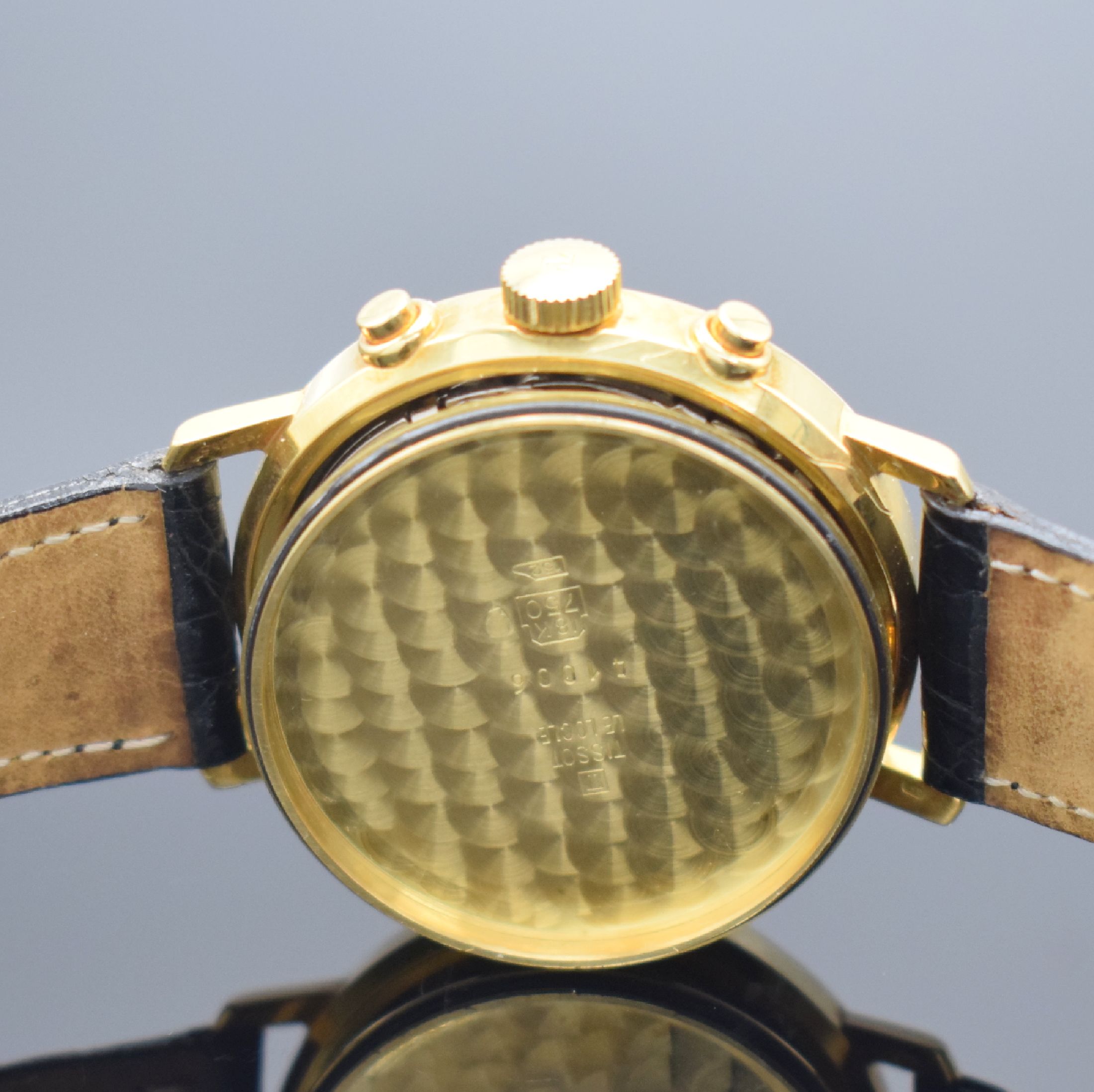 Detail f: TISSOT Le Locle Herrenchronograph mit Mondphase in GG 750/000, Schweiz um 1980, Handaufzug, Boden verschr., Korrekturdr. seitl. im Geh. b. 9, orig. ...