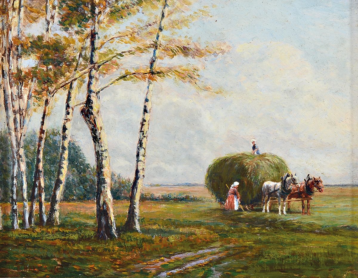 Detail a: Ernst Haymann, 1873 München-1947, zwei Miniaturmalereien zur Heuernte, Öl/Holz, beide rot signiert li. u. re. unten, ca. 11 x 14 cm, passend ...