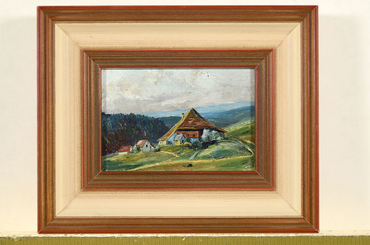Detail k: Ernst Haymann, 1873 München-1947, zwei Miniaturmalereien zur Heuernte, Öl/Holz, beide rot signiert li. u. re. unten, ca. 11 x 14 cm, passend ...