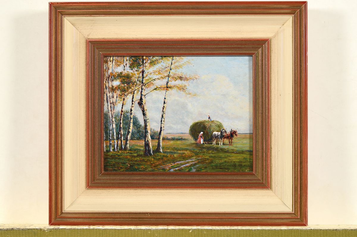 Detail l: Ernst Haymann, 1873 München-1947, zwei Miniaturmalereien zur Heuernte, Öl/Holz, beide rot signiert li. u. re. unten, ca. 11 x 14 cm, passend ...
