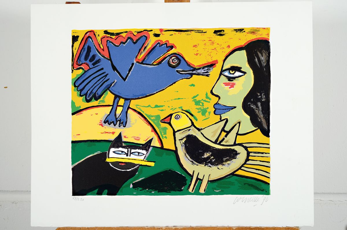 Detail k: Corneille, 1922 Lüttich-2010 Auvers-sur-Oise , Studium an der Rijksakademie Amsterdam, Mitbegründer der Gruppe CoBrA, hier: blauer Vogel und ...