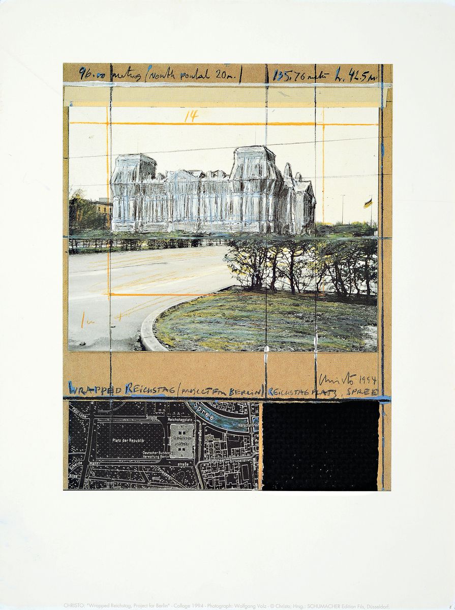 Christo, 1935 Gabrovo - 2020 New York City , "Wrapped Reichstag, Project for Berlin", Collage 1994, Hrsg. Kunstverlag Schumacher, Edition ...