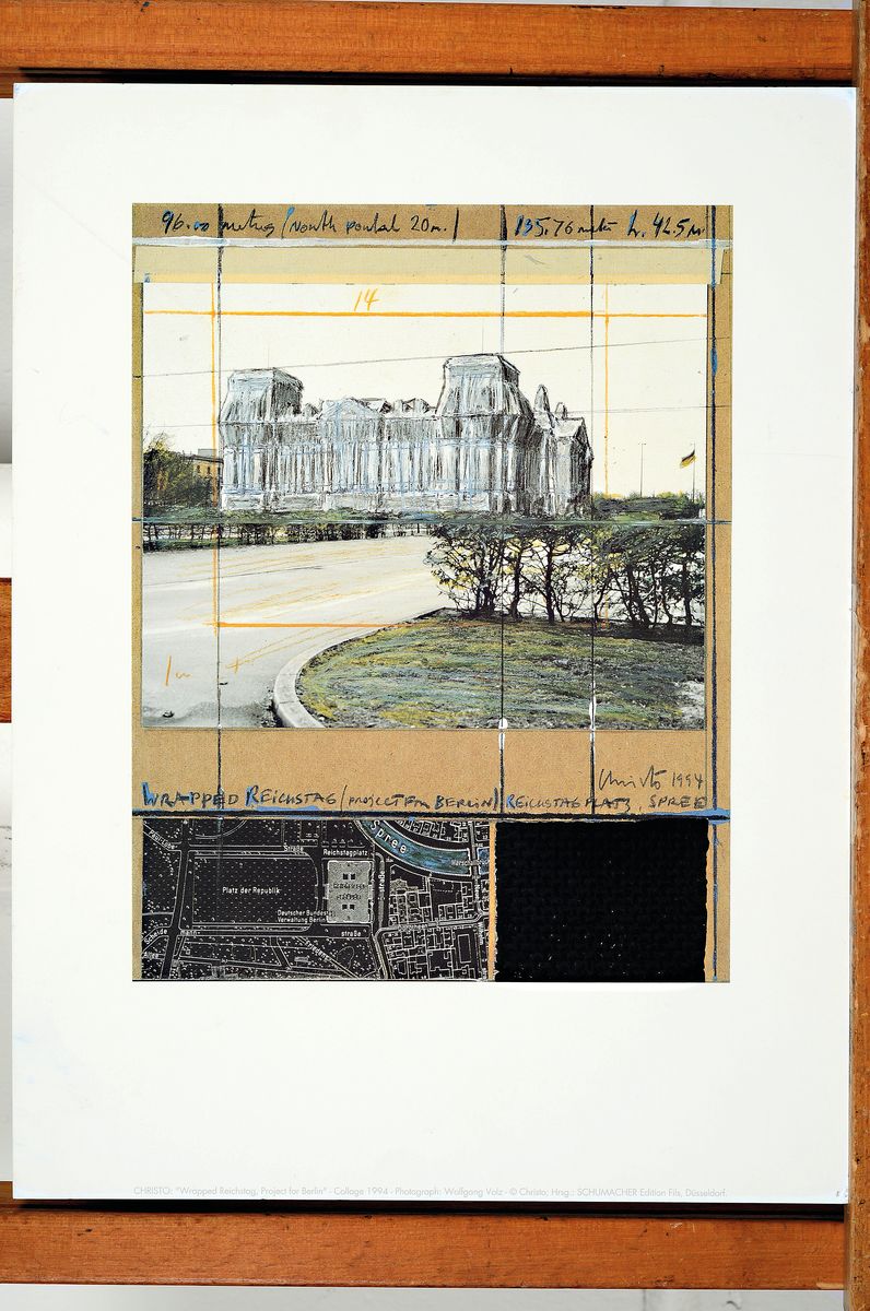 Detail k: Christo, 1935 Gabrovo - 2020 New York City , "Wrapped Reichstag, Project for Berlin", Collage 1994, Hrsg. Kunstverlag Schumacher, Edition ...