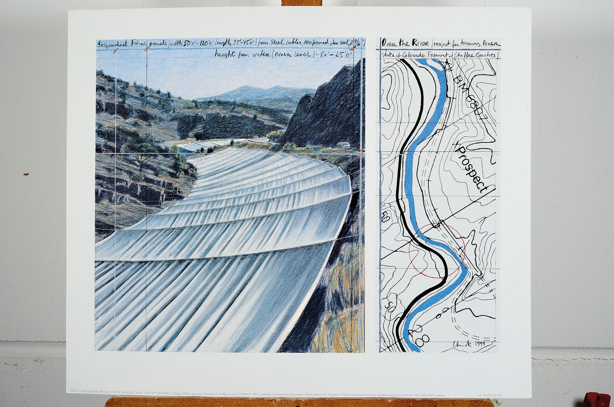 Detail k: Christo, 1935 Gabrovo-2020 New York City, "Over the River, Project for Arkansas River", Collage 1999, Hrsg. Kunstverlag Schumacher, Edition ...