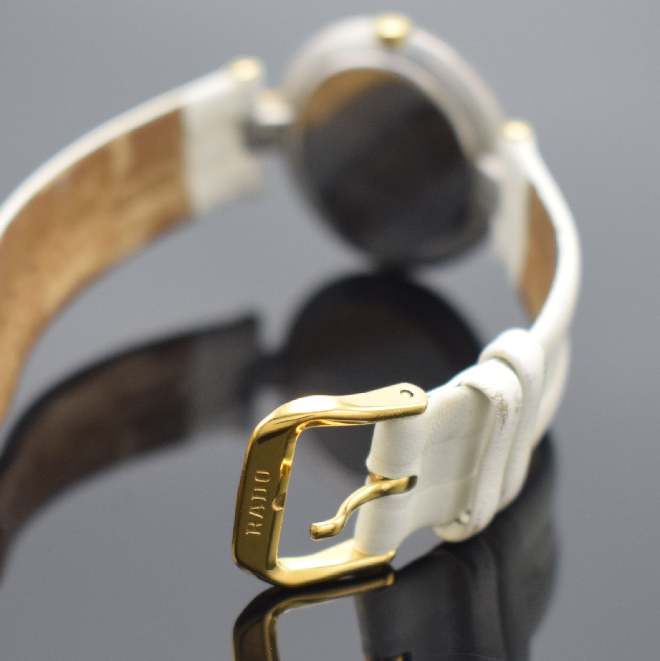 Detail b: RADO Damenarmbanduhr Coupole in Stahl vergoldet, Schweiz um 2005, quarz, Ref. 129.4077.4N, Boden aufgedr., Saphirglas, orig. Lederband m. verg. ...