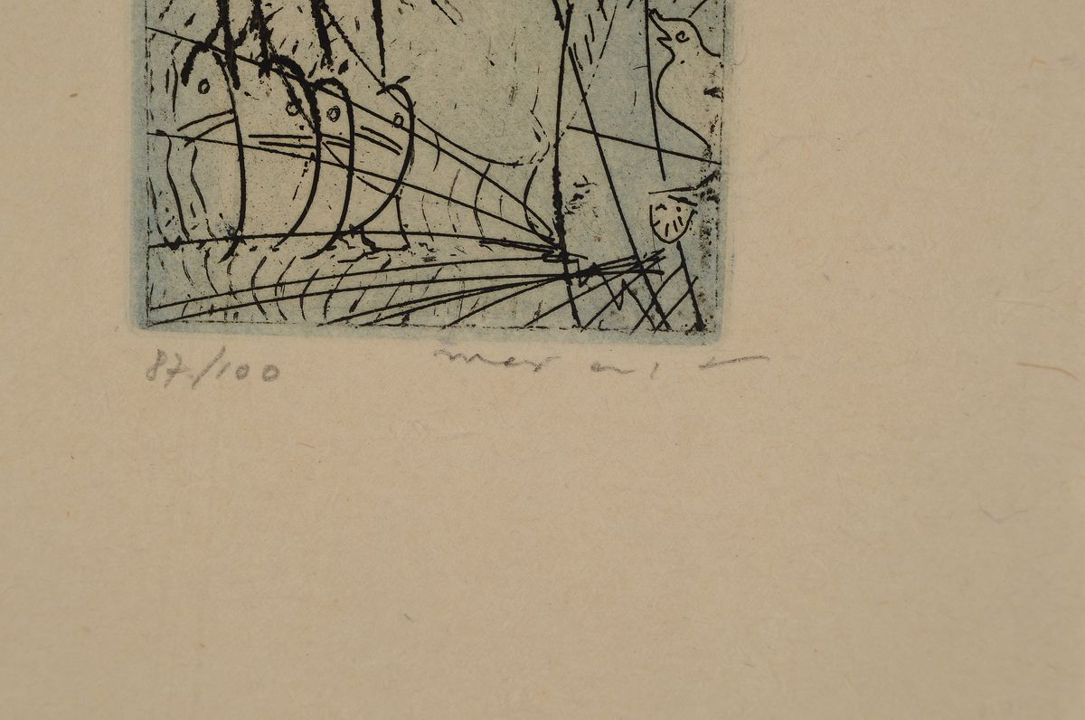 Detail a: Max Ernst, 1891 Brühl - 1976 Paris, "Oiseau vierge" (Jungfräulicher Vogel), Farbaquatintaradierung, 1955/72, Ed. 87/100, rechts unten ...