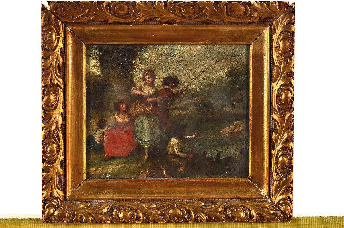 Detail k: Unbekannter Künstler, Mitte 18.Jh., Gruppe galanter Frauen beim Angeln in einer Parklandschaft, Öl/Metallplatte, schlechter Zustand der ...