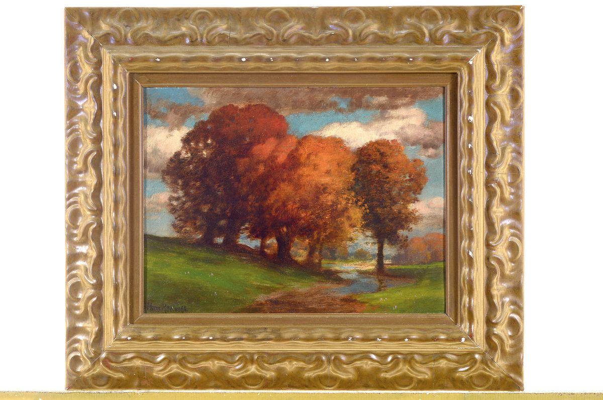 Detail k: Hermann Traugott Rüdisühli, 1864 Lenzburg/Schweiz - 1944 München, Studium an der Akademie Karlsruhe, hier: herbstliche Stimmungslandschaft im ...