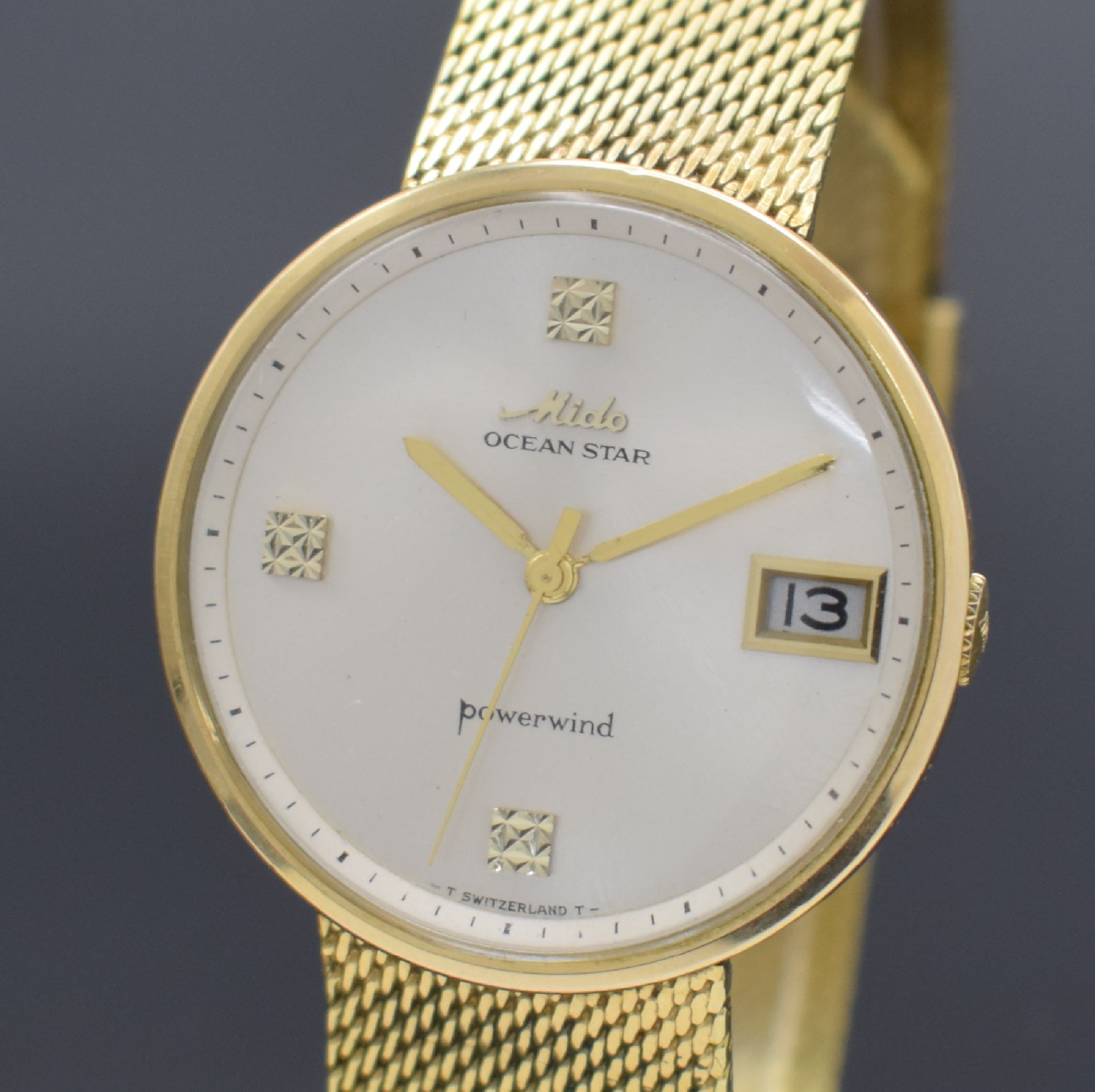 Detail a: MIDO Ocean Star Powerwind vergoldete Armbanduhr, Schweiz um 1970, Automatik, 40- Micron-Monocoque Geh., integr. Milanaiseband, silb. Zifferbl., ...