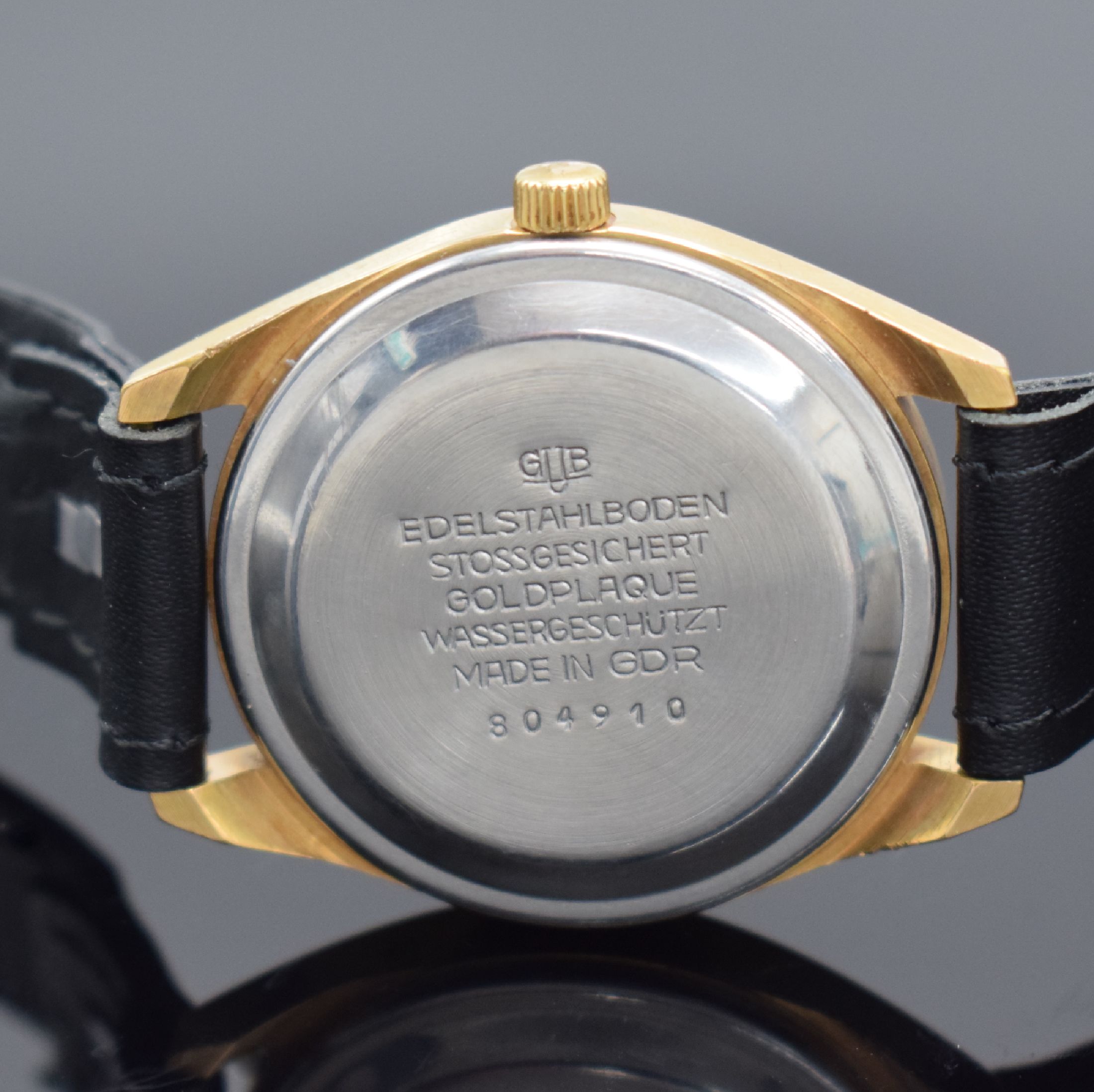 Detail c: GLASHÜTTE Spezimatic vergoldete Armbanduhr, DDR um 1975, Automatik, 2-tlg. Geh., gedr. Stahlboden, silb. Zifferbl., Leuchtindizes & -zeiger ...