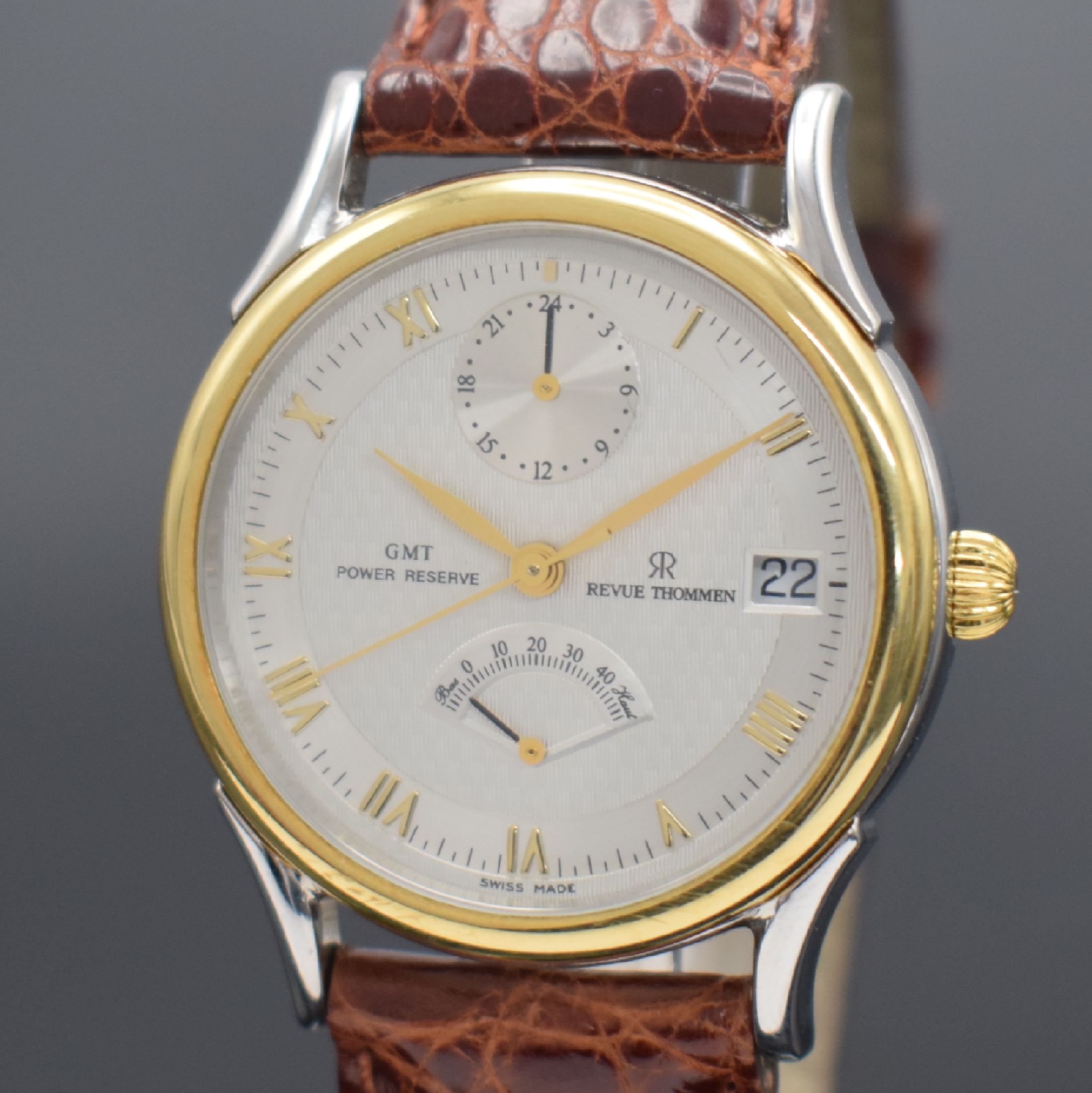 Detail a: REVUE THOMMEN GMT Power Reserve Armbanduhr in Stahl/GG 750/000, Schweiz lt. orig. Papier verk. 2001, Automatik, beids. vergl. Geh., Korrekturdrücker ...