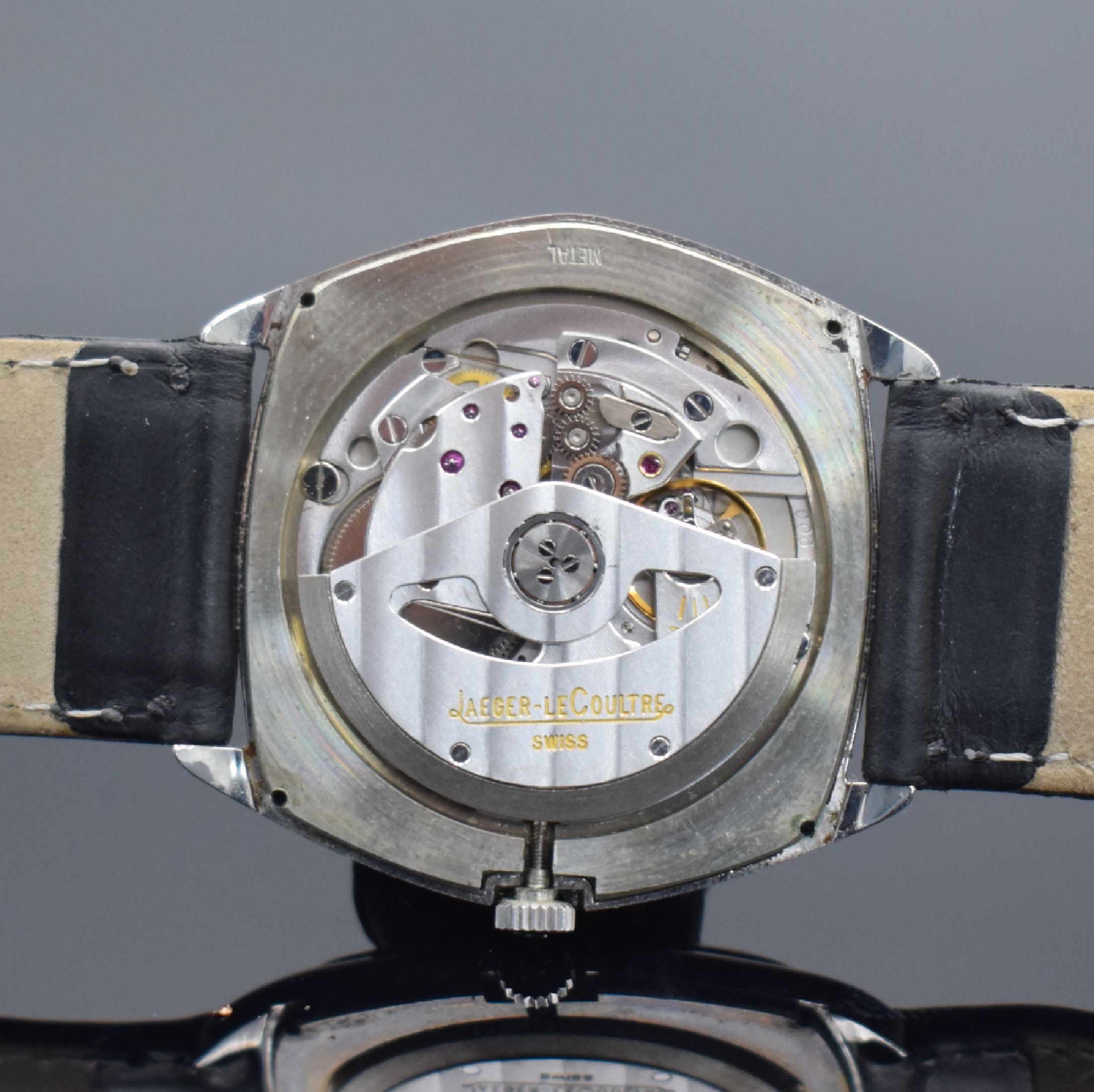 Detail f: Jaeger-LeCoultre elegante Herrenarmbanduhr in Stahl, Schweiz um 1975, Automatik, 4-fach verschr. 6-eckiges Geh. Ref. 5000 42, weißes Zifferbl. m. ...