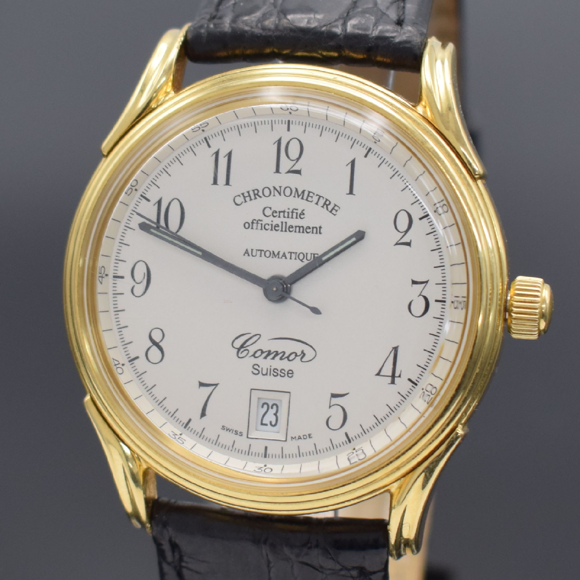 Detail a: COMOR Chronometre limitierte Herrenarmbanduhr in GG 750/000, Schweiz lt. orig. Papier verk. 1997, Automatik, beids. vergl. Geh., Boden verschr., ...