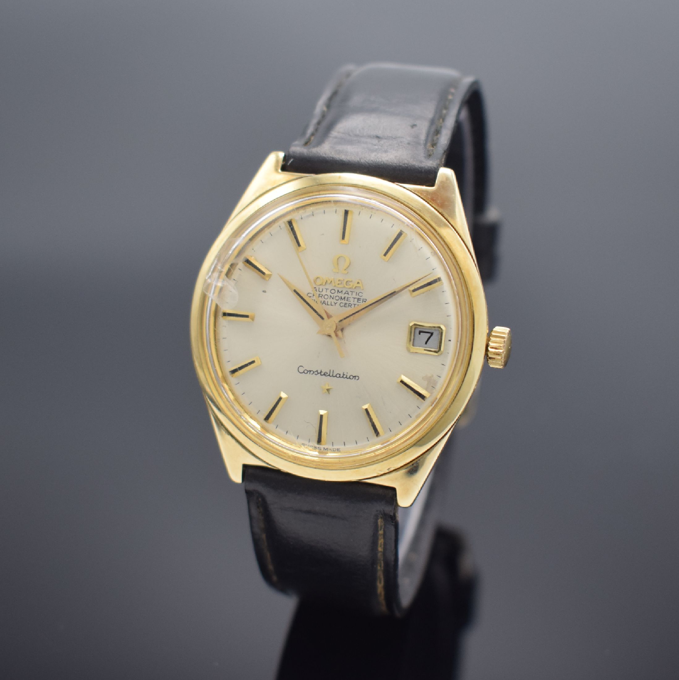 OMEGA Constellation Referenz 168015 Armbanduhrin GG 585/000, Schweiz um 1968, Automatik, Monocoque-Geh. m. Sternwarten-Symbol auf d. Boden, orig. ...