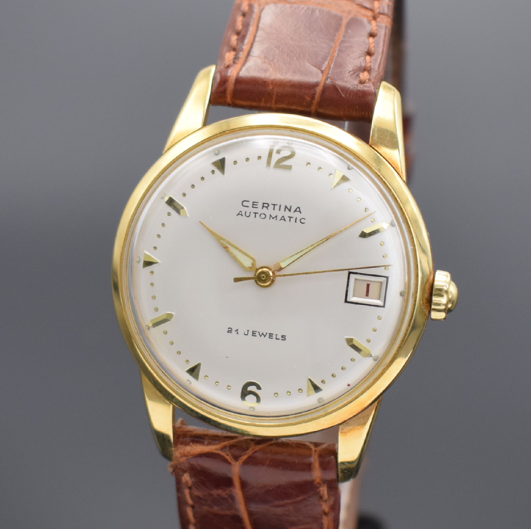 Detail a: CERTINA Herrenarmbanduhr in GG 750/000 mit original Papier & Rechnung, Schweiz verk. 1955, Automatik, gedr. Geh., silb. Zifferbl. m. gold. Indizes ...