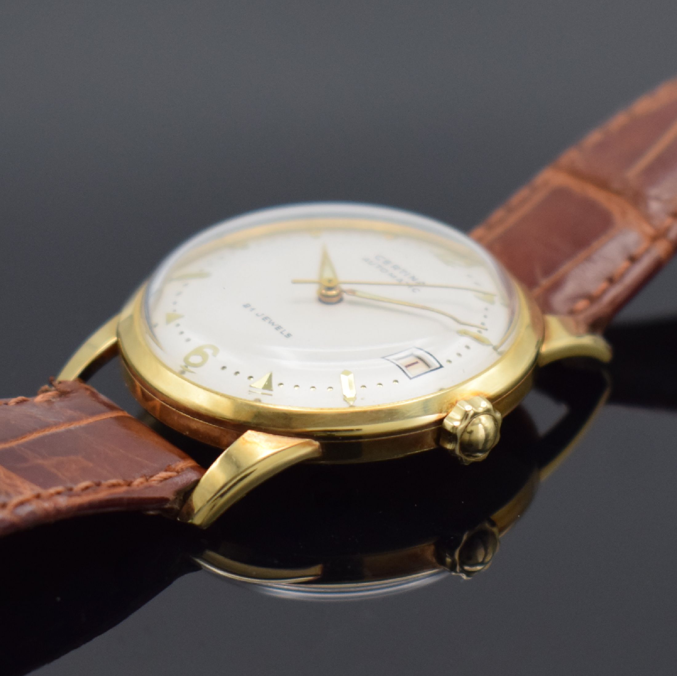 Detail b: CERTINA Herrenarmbanduhr in GG 750/000 mit original Papier & Rechnung, Schweiz verk. 1955, Automatik, gedr. Geh., silb. Zifferbl. m. gold. Indizes ...