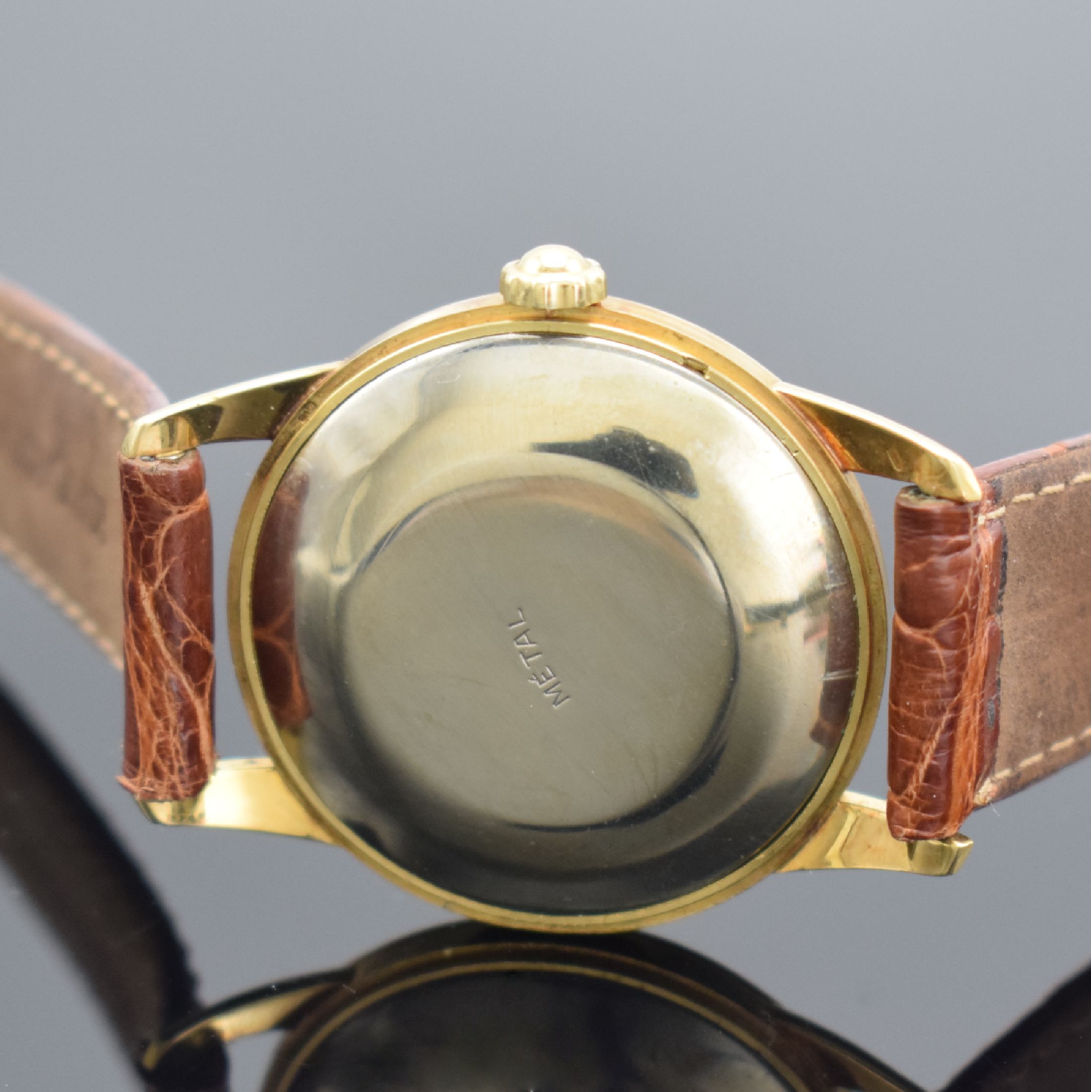 Detail d: CERTINA Herrenarmbanduhr in GG 750/000 mit original Papier & Rechnung, Schweiz verk. 1955, Automatik, gedr. Geh., silb. Zifferbl. m. gold. Indizes ...