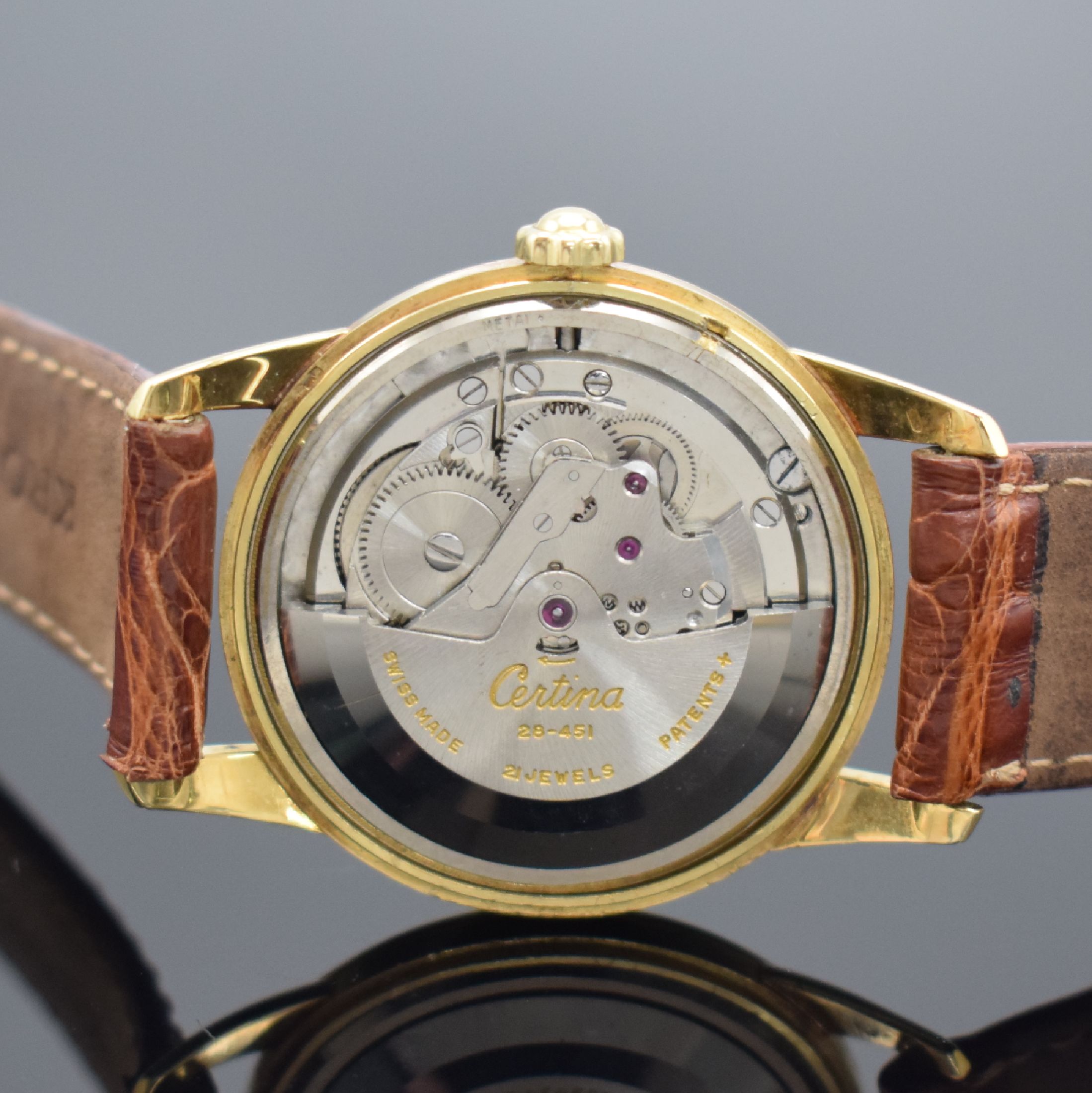 Detail e: CERTINA Herrenarmbanduhr in GG 750/000 mit original Papier & Rechnung, Schweiz verk. 1955, Automatik, gedr. Geh., silb. Zifferbl. m. gold. Indizes ...