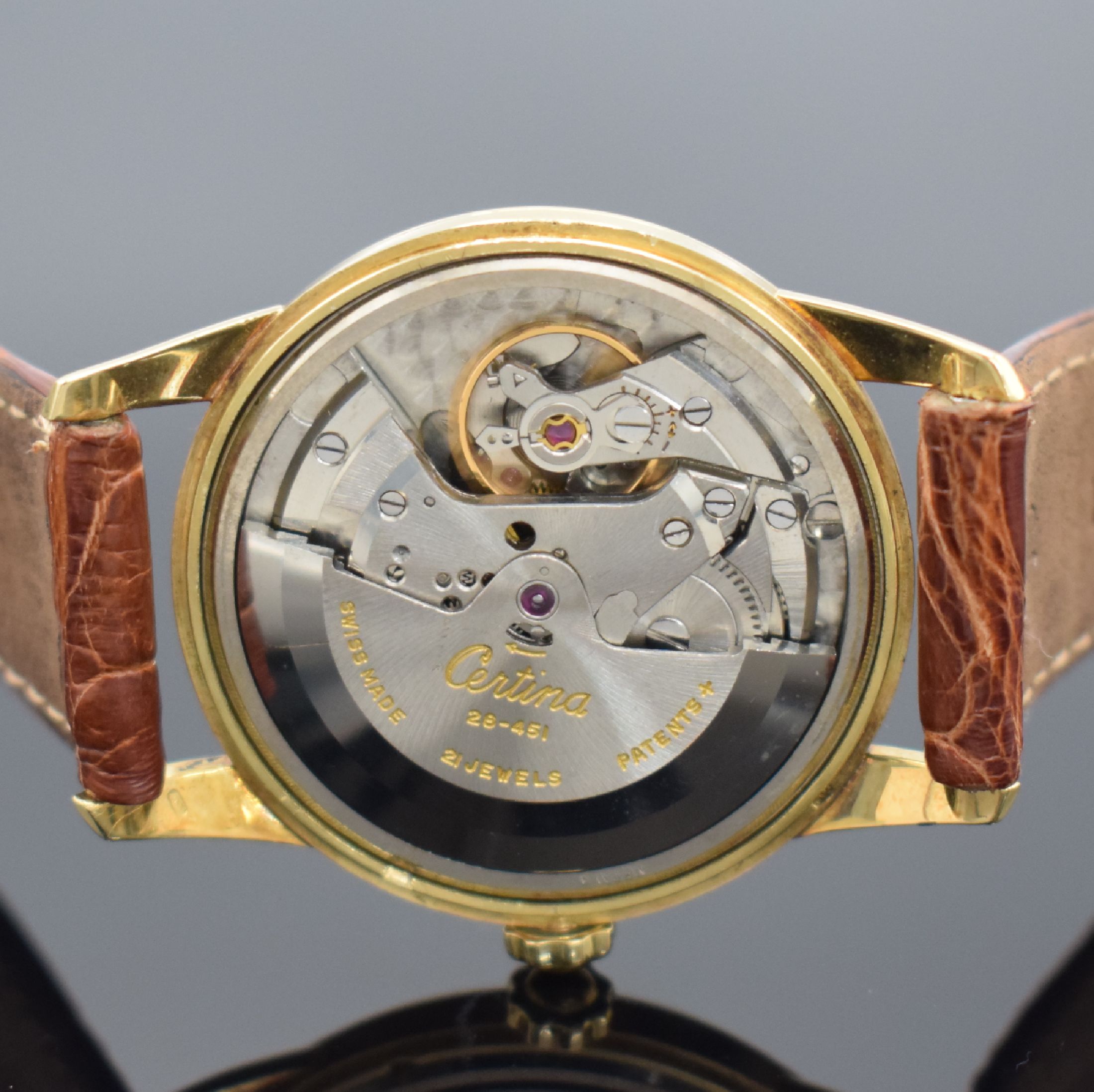 Detail f: CERTINA Herrenarmbanduhr in GG 750/000 mit original Papier & Rechnung, Schweiz verk. 1955, Automatik, gedr. Geh., silb. Zifferbl. m. gold. Indizes ...