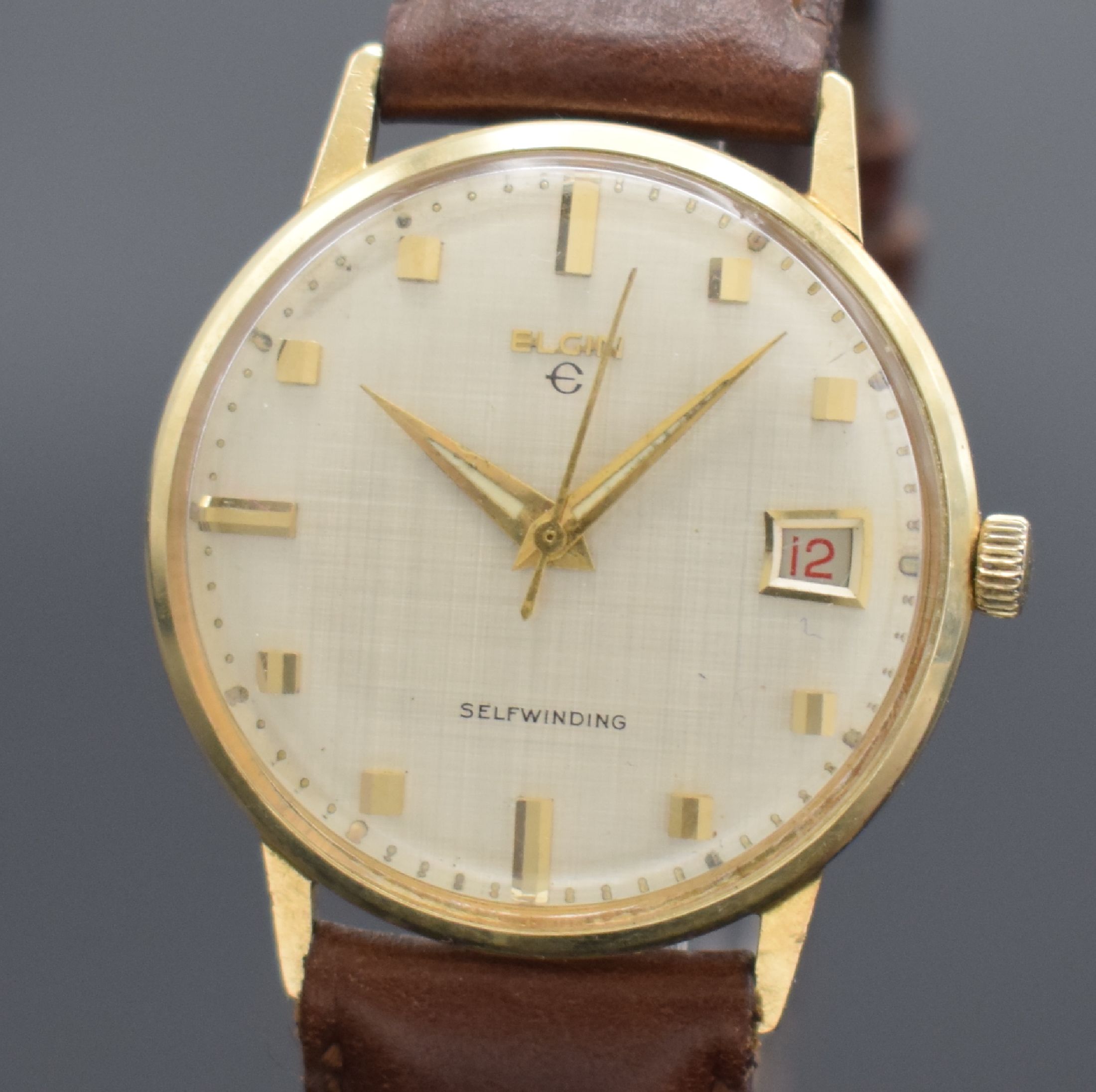 Detail a: ELGIN Selfwinding Armbanduhr in GG 585/000, Schweiz / USA um 1960, Automatik, Monocoque- Geh., silb. schraffiertes Zifferbl., gold. Indizes & Zeiger, ...