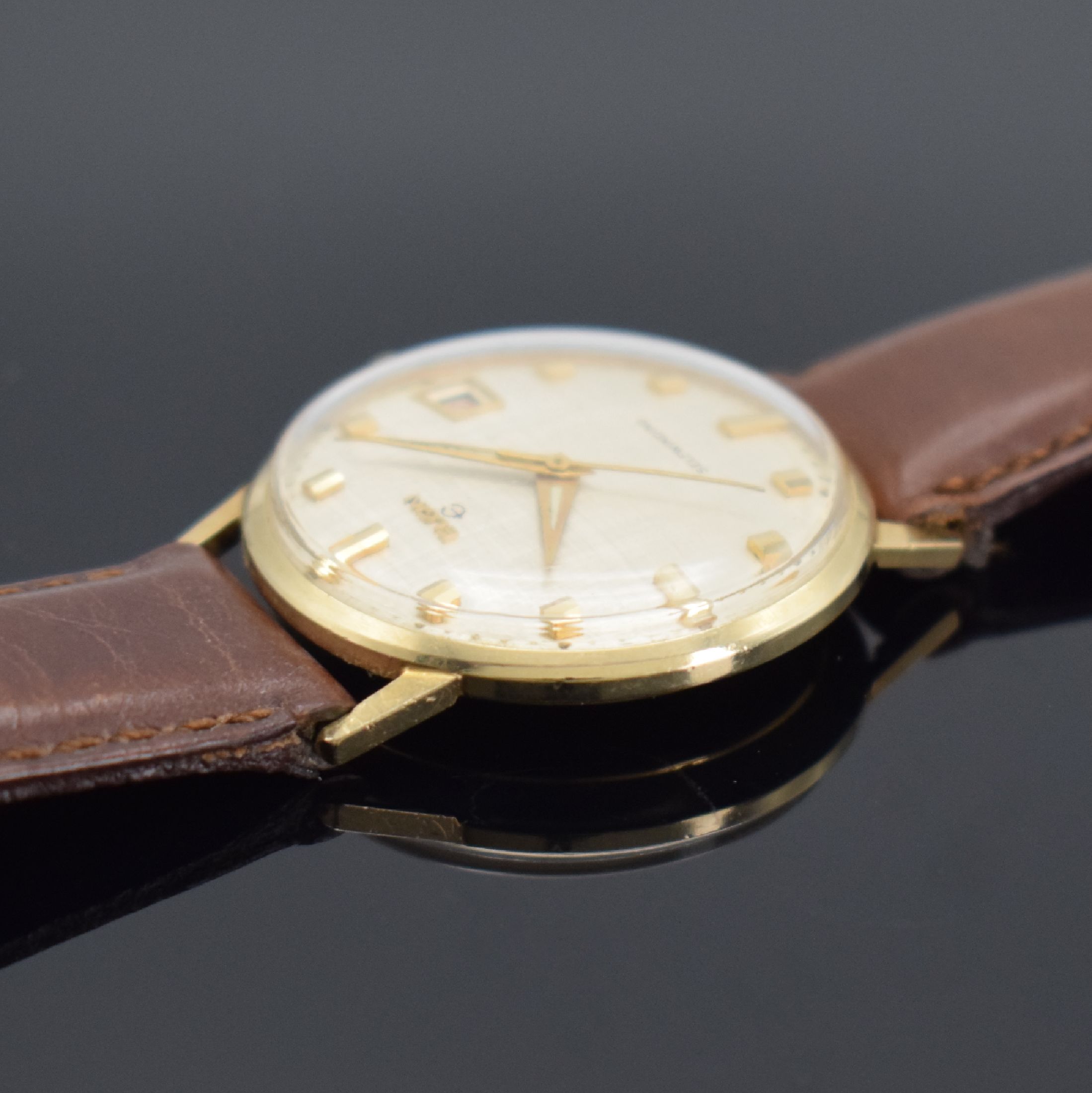 Detail b: ELGIN Selfwinding Armbanduhr in GG 585/000, Schweiz / USA um 1960, Automatik, Monocoque- Geh., silb. schraffiertes Zifferbl., gold. Indizes & Zeiger, ...