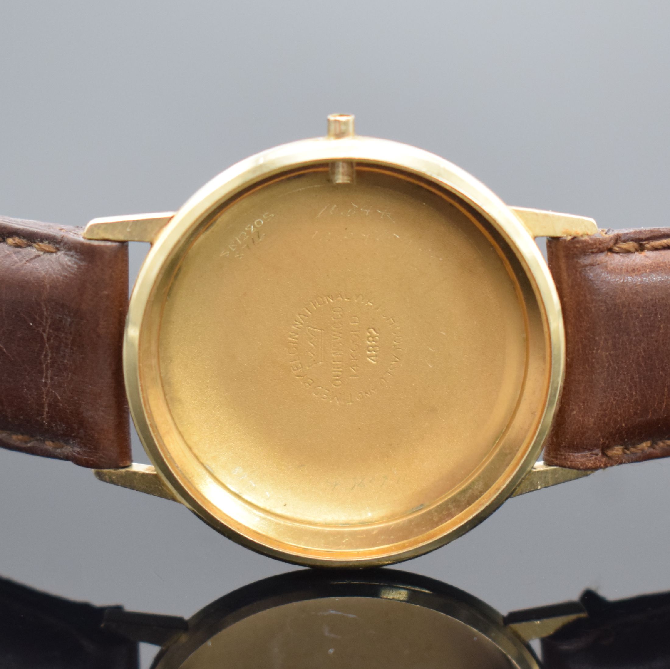 Detail g: ELGIN Selfwinding Armbanduhr in GG 585/000, Schweiz / USA um 1960, Automatik, Monocoque- Geh., silb. schraffiertes Zifferbl., gold. Indizes & Zeiger, ...