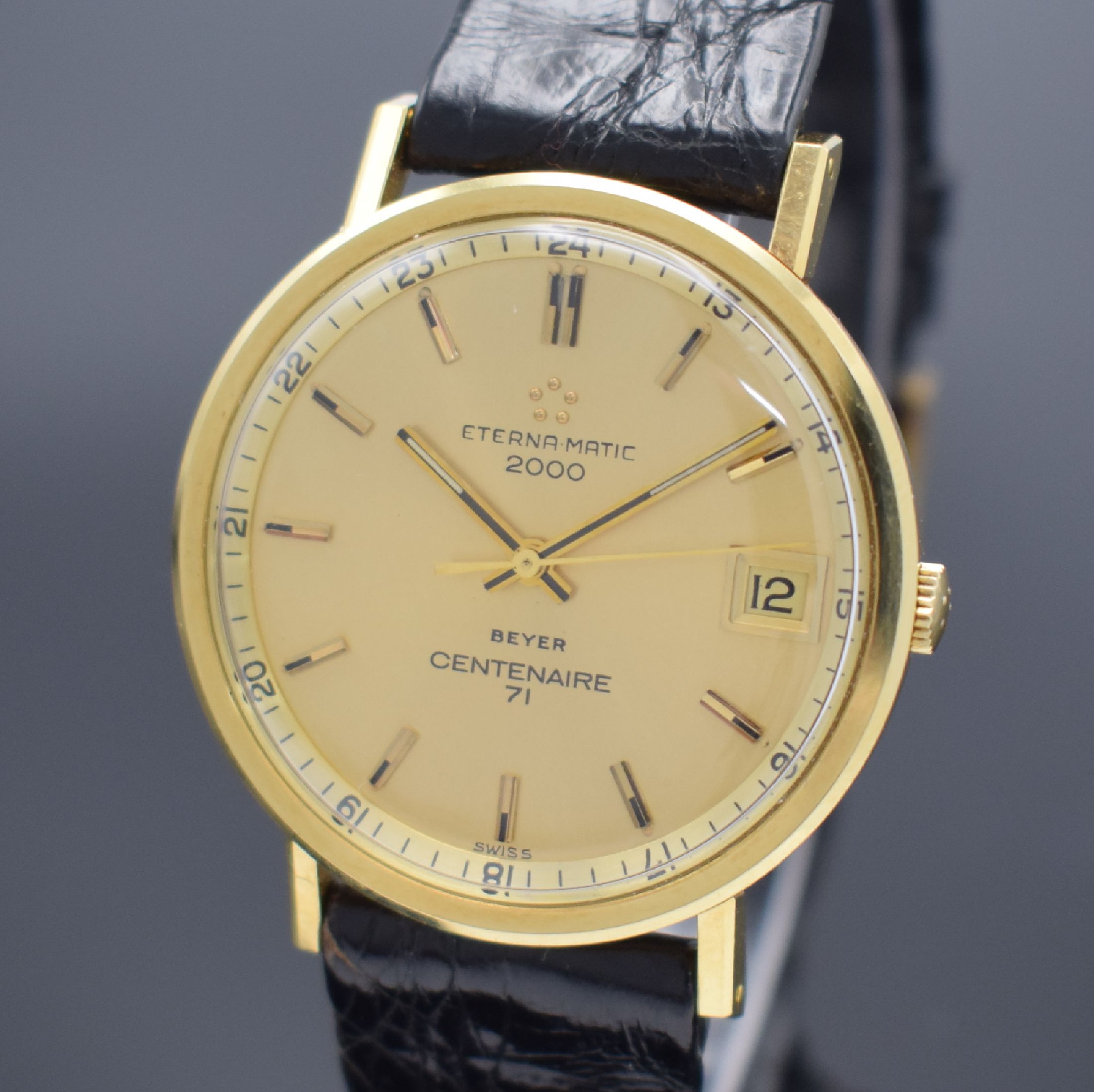 Detail a: ETERNA-MATIC 2000 Centenaire 71 Armbanduhr in GG 750/000, Schweiz um 1971, Automatik, unpoliertes Geh. Ref. 706 IVT, Boden verschr., orig. Band m. ...