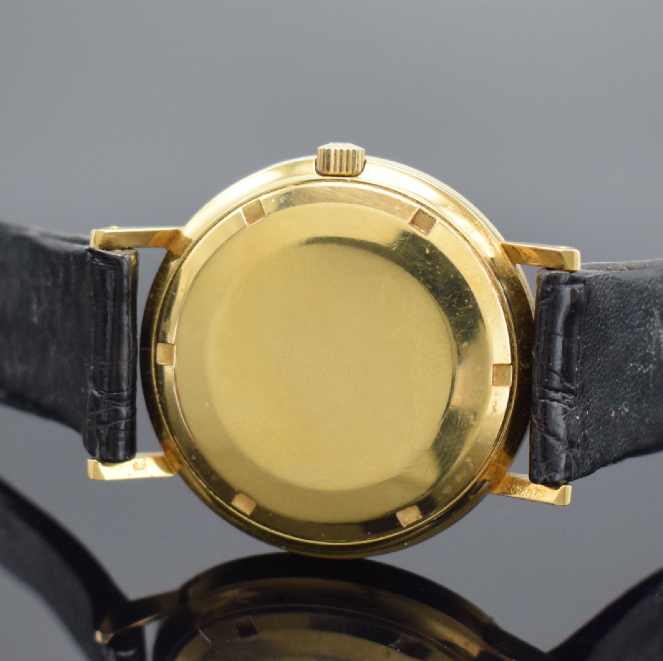 Detail d: ETERNA-MATIC 2000 Centenaire 71 Armbanduhr in GG 750/000, Schweiz um 1971, Automatik, unpoliertes Geh. Ref. 706 IVT, Boden verschr., orig. Band m. ...