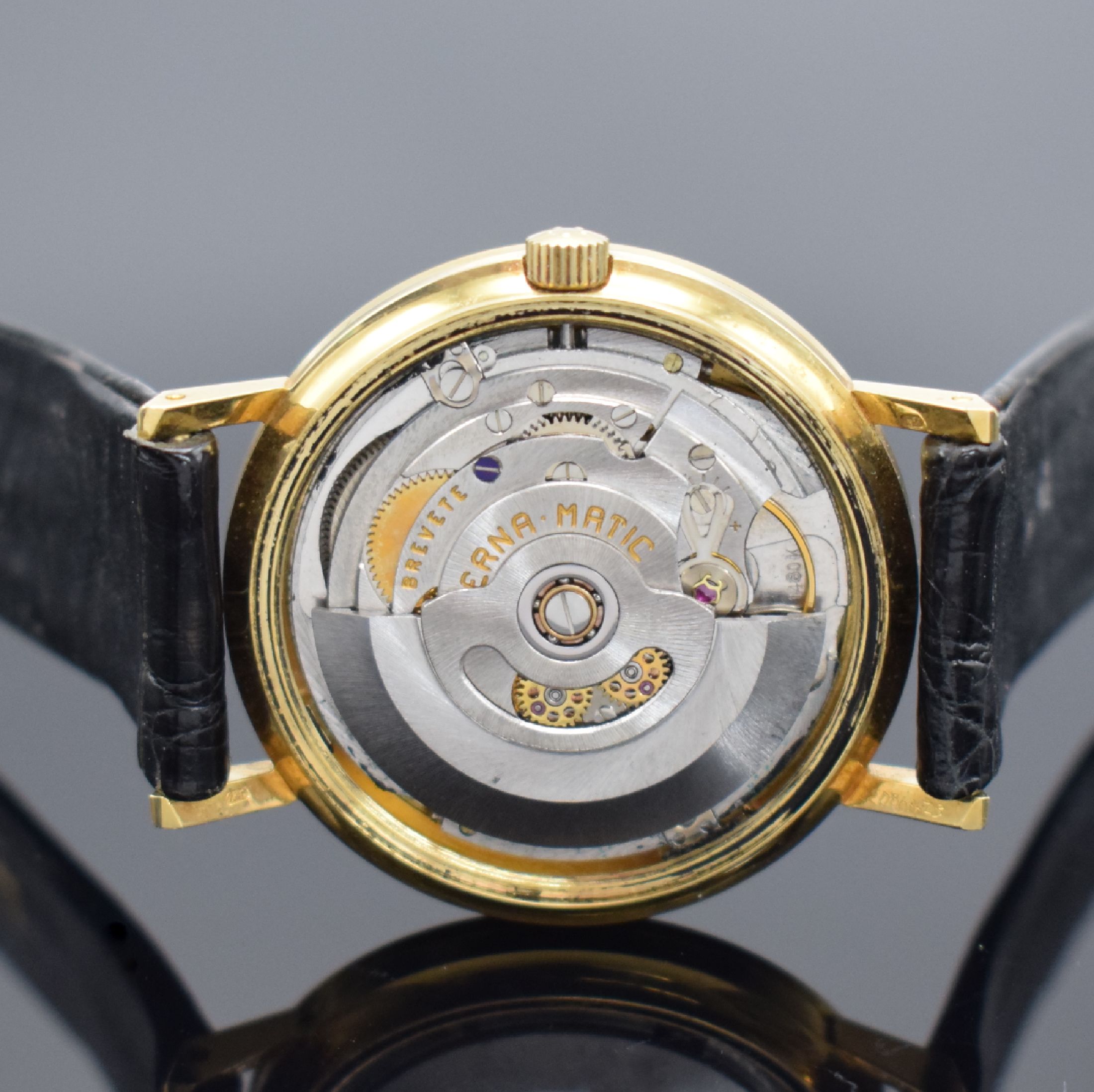 Detail e: ETERNA-MATIC 2000 Centenaire 71 Armbanduhr in GG 750/000, Schweiz um 1971, Automatik, unpoliertes Geh. Ref. 706 IVT, Boden verschr., orig. Band m. ...