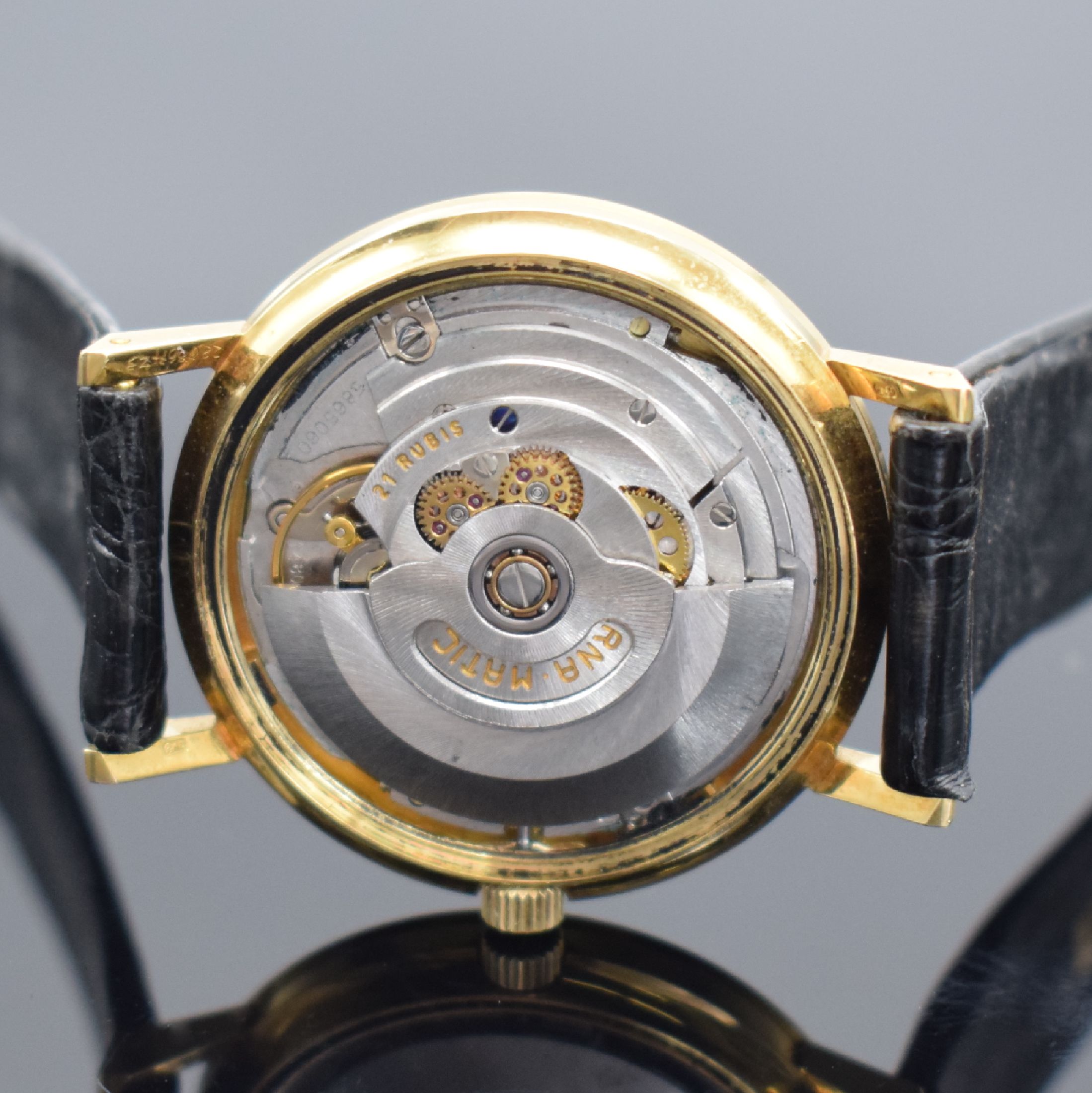 Detail f: ETERNA-MATIC 2000 Centenaire 71 Armbanduhr in GG 750/000, Schweiz um 1971, Automatik, unpoliertes Geh. Ref. 706 IVT, Boden verschr., orig. Band m. ...