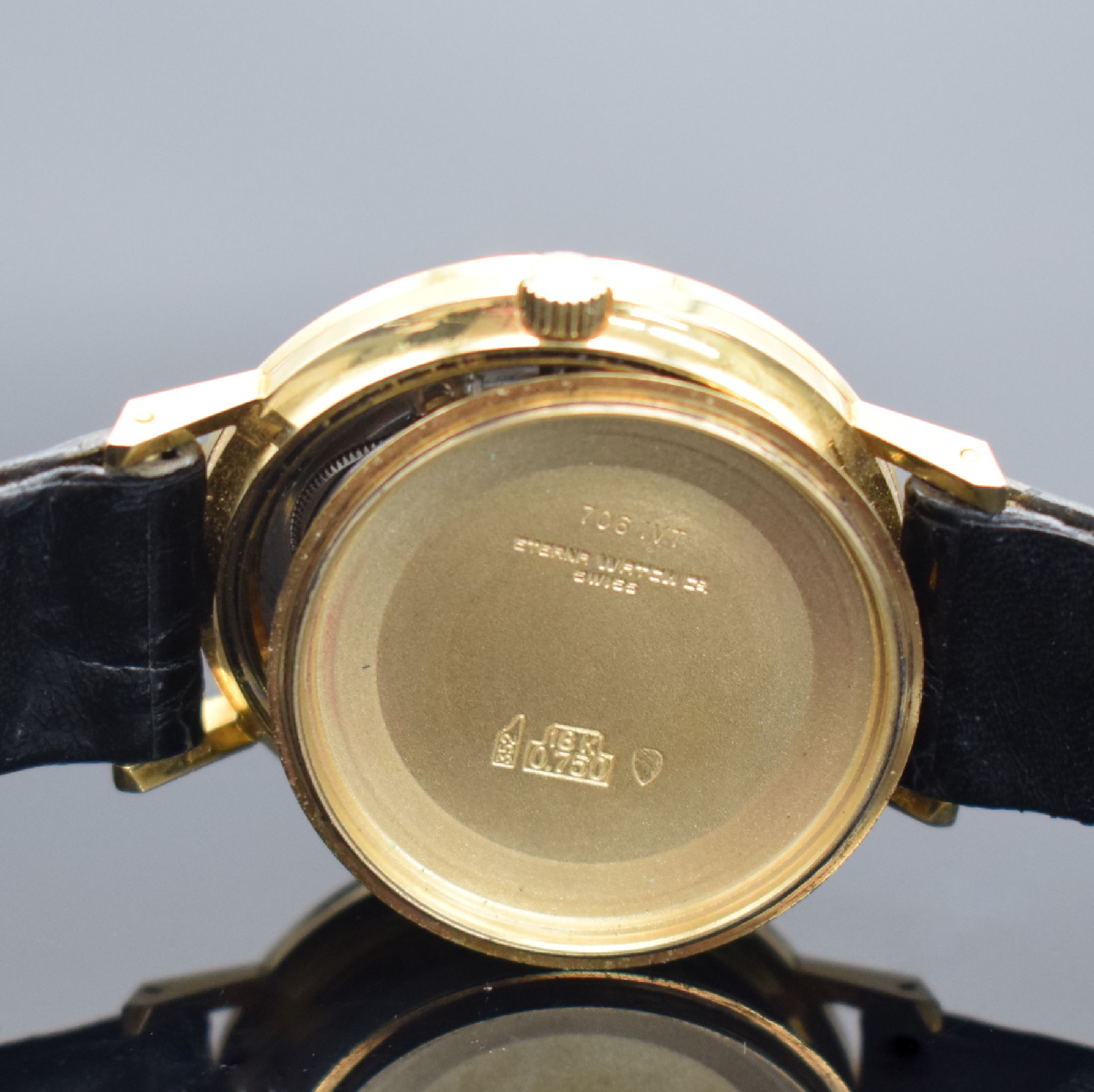 Detail g: ETERNA-MATIC 2000 Centenaire 71 Armbanduhr in GG 750/000, Schweiz um 1971, Automatik, unpoliertes Geh. Ref. 706 IVT, Boden verschr., orig. Band m. ...