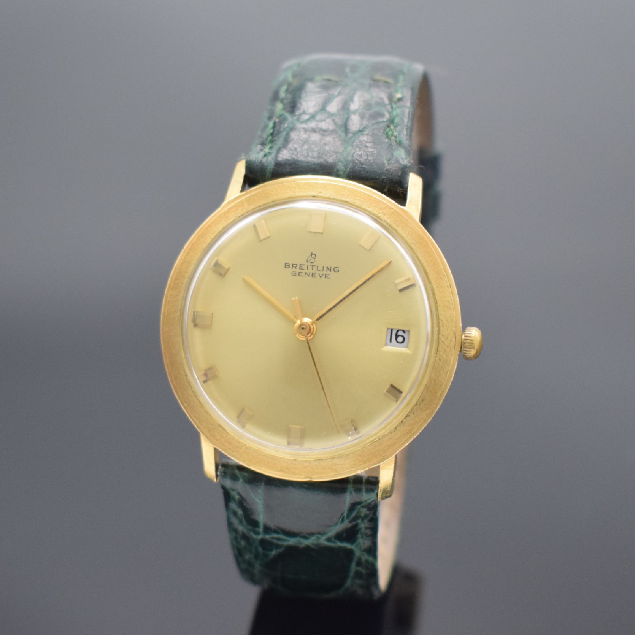 BREITLING Referenz 2614 Herrenarmbanduhr in GG 750/000, Schweiz um 1965, Automatik, Monocoque-Geh., rückseitig sign., gold. Zifferbl., gold. Indizes ...