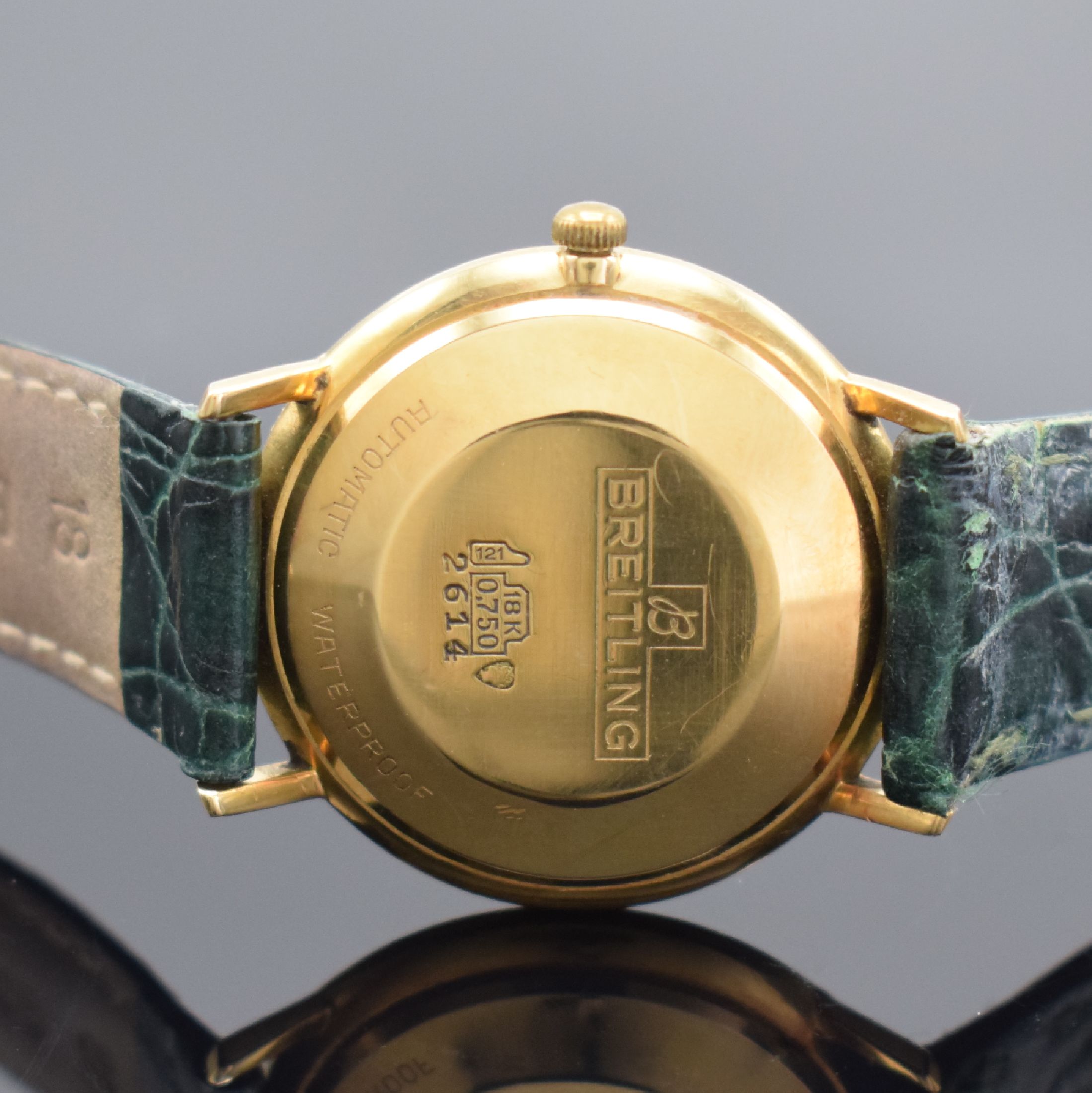 Detail c: BREITLING Referenz 2614 Herrenarmbanduhr in GG 750/000, Schweiz um 1965, Automatik, Monocoque-Geh., rückseitig sign., gold. Zifferbl., gold. Indizes ...