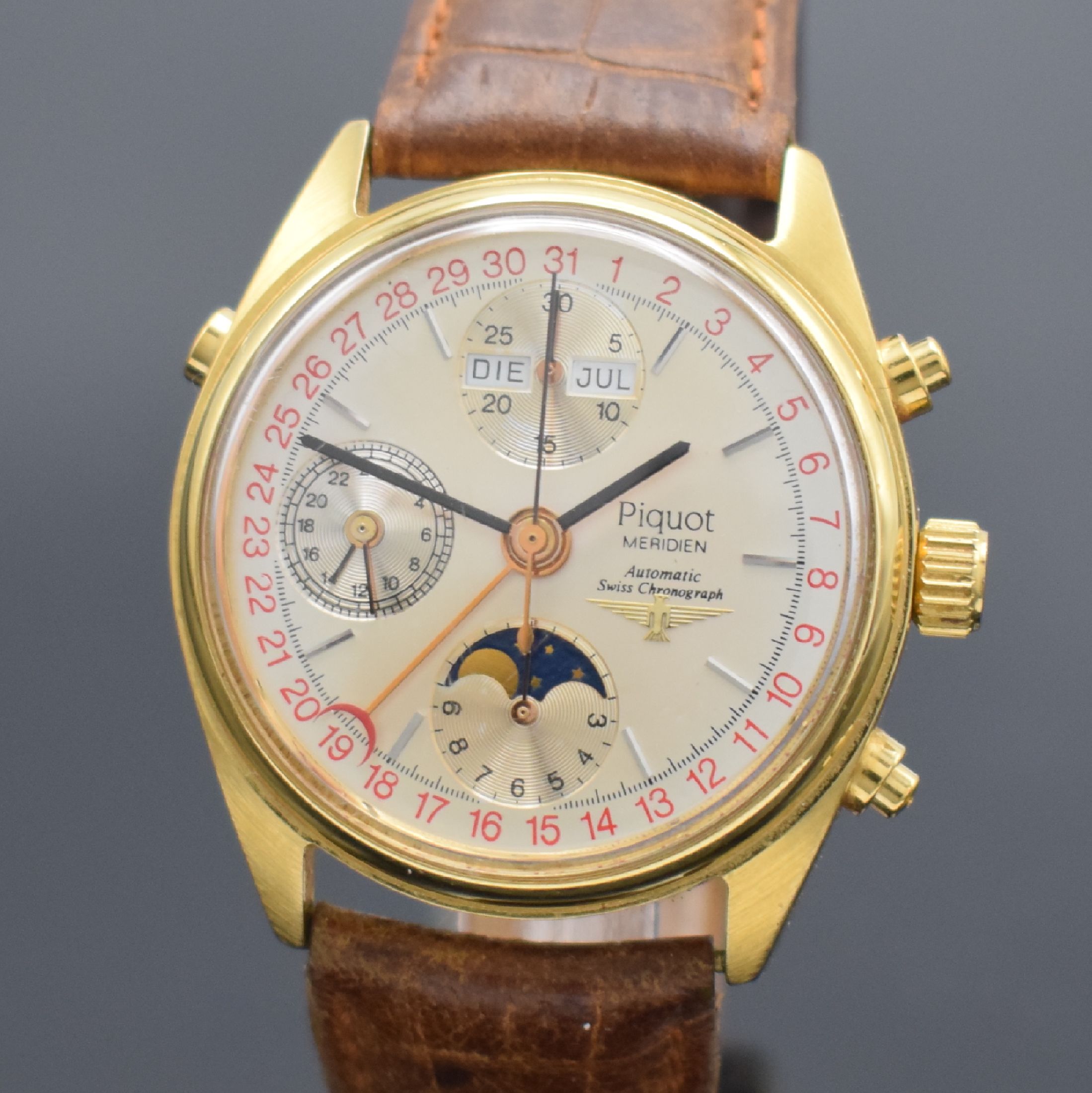 Detail a: PIQUOT Meridian Herrenchronograph mit Vollkalender, Schweiz um 1995, Automatik, verg. Geh. m. verschr. Stahlboden, silb. Zifferbl., Hilfsblätter f. ...