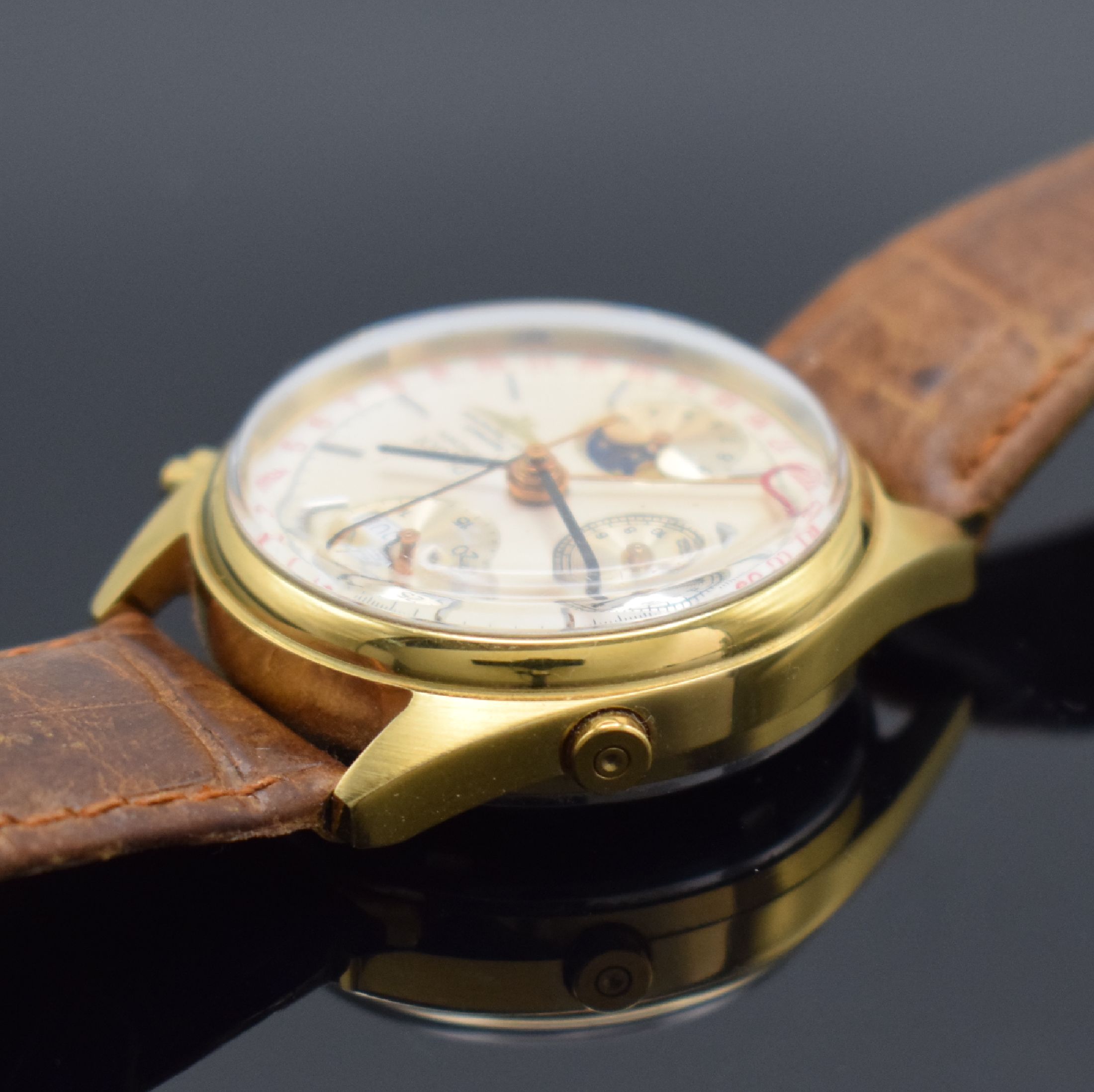 Detail b: PIQUOT Meridian Herrenchronograph mit Vollkalender, Schweiz um 1995, Automatik, verg. Geh. m. verschr. Stahlboden, silb. Zifferbl., Hilfsblätter f. ...