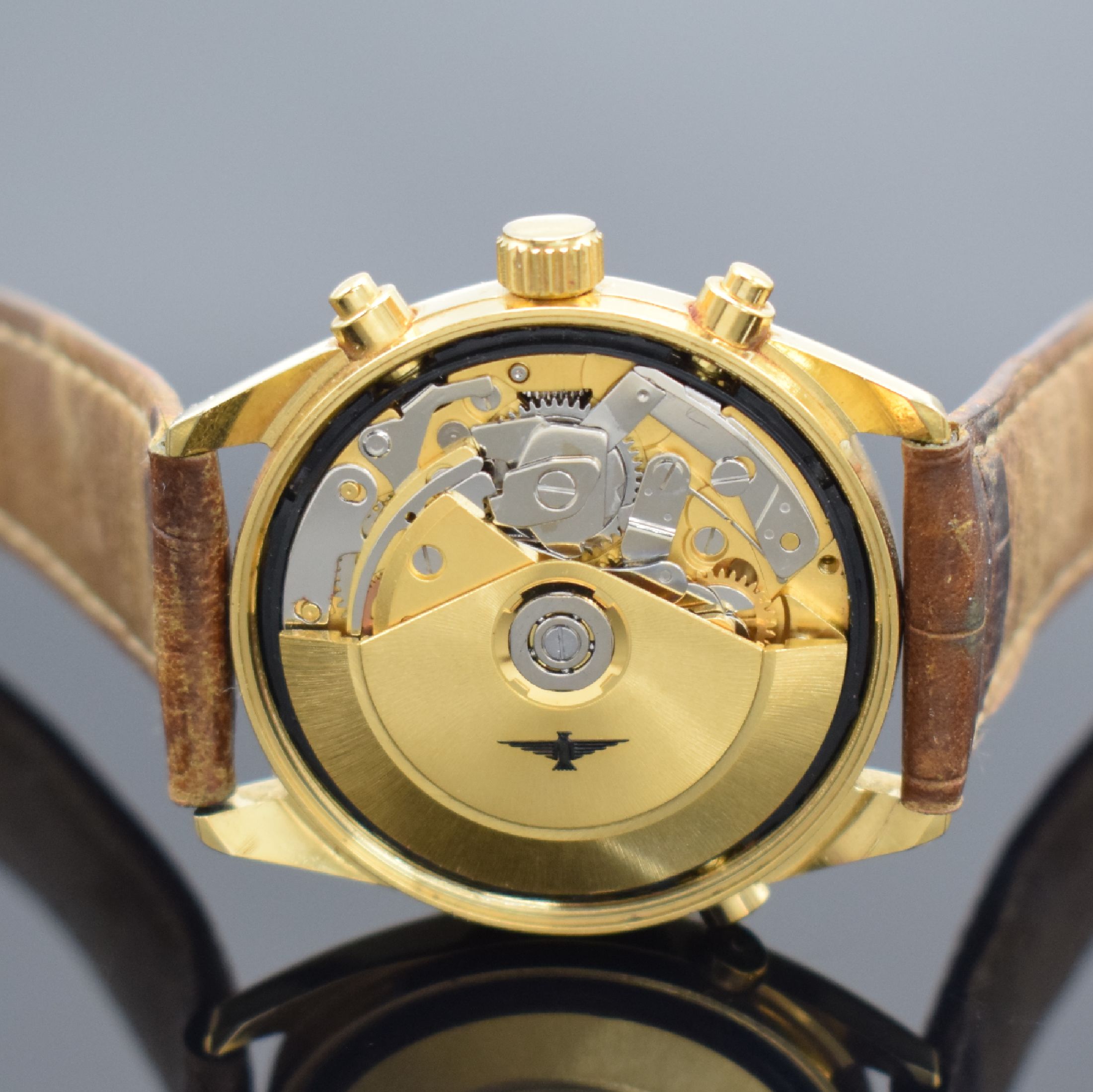 Detail e: PIQUOT Meridian Herrenchronograph mit Vollkalender, Schweiz um 1995, Automatik, verg. Geh. m. verschr. Stahlboden, silb. Zifferbl., Hilfsblätter f. ...