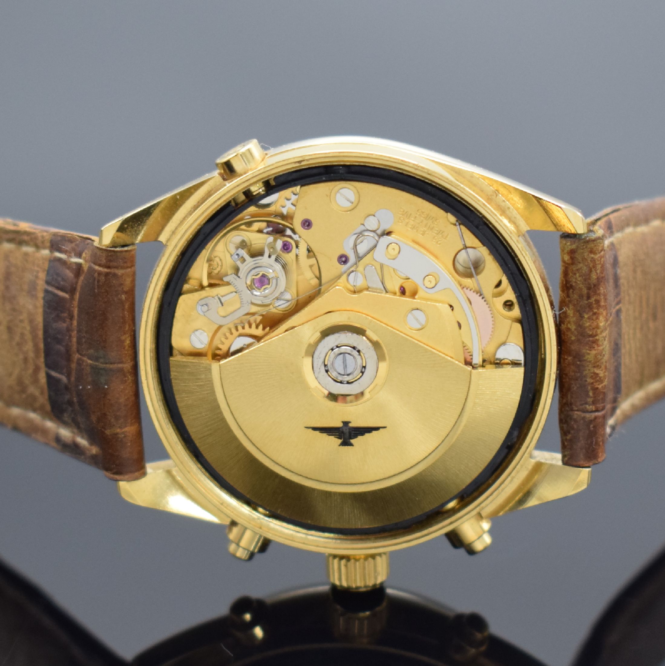 Detail f: PIQUOT Meridian Herrenchronograph mit Vollkalender, Schweiz um 1995, Automatik, verg. Geh. m. verschr. Stahlboden, silb. Zifferbl., Hilfsblätter f. ...