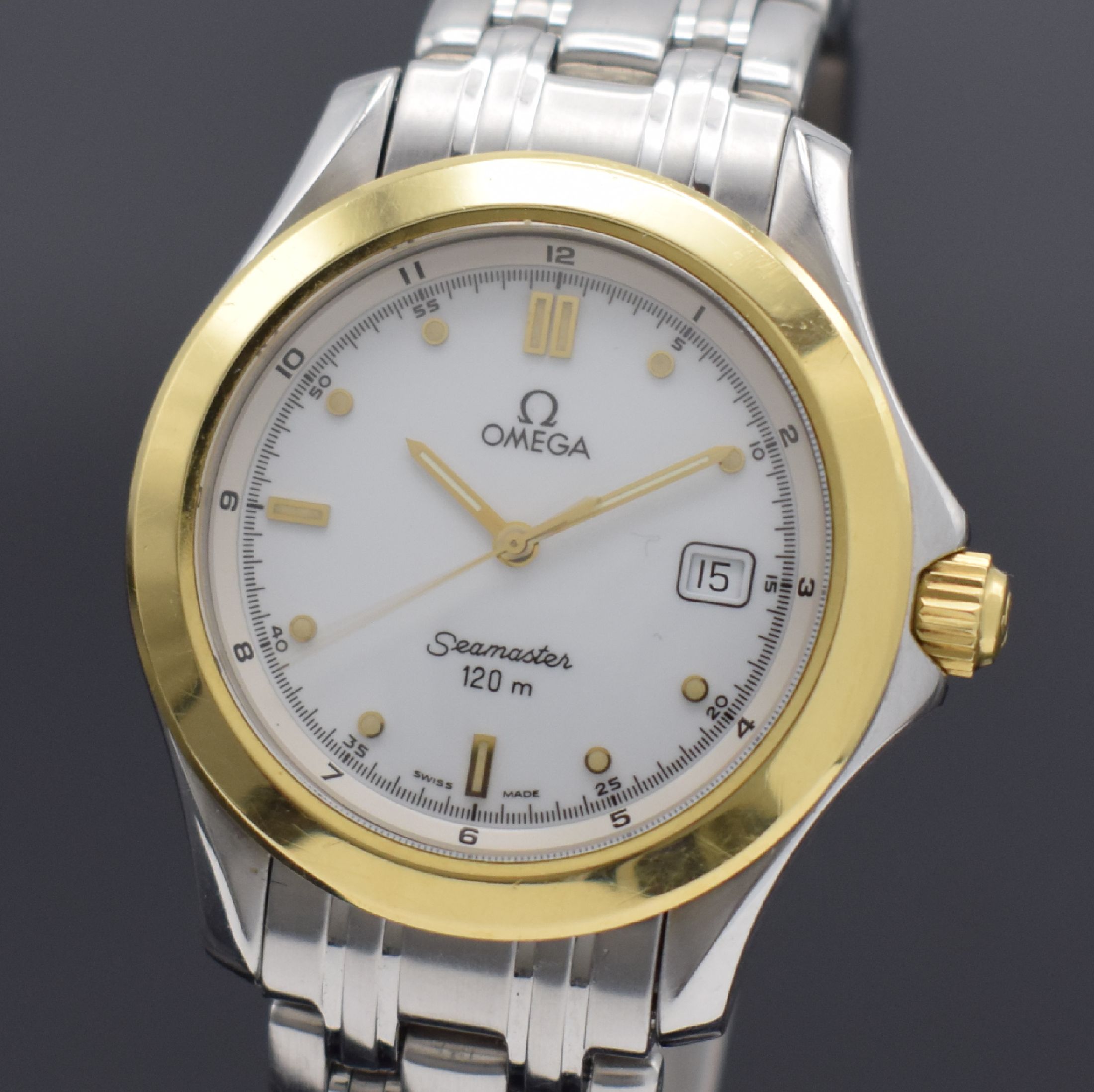 Detail a: OMEGA Seamaster 120 m Herrenarmbanduhr in Stahl / Gold, Schweiz um 2000, quarz, unpoliertes Geh. Ref. 396.1501, Boden & Krone verschr., orig. ...