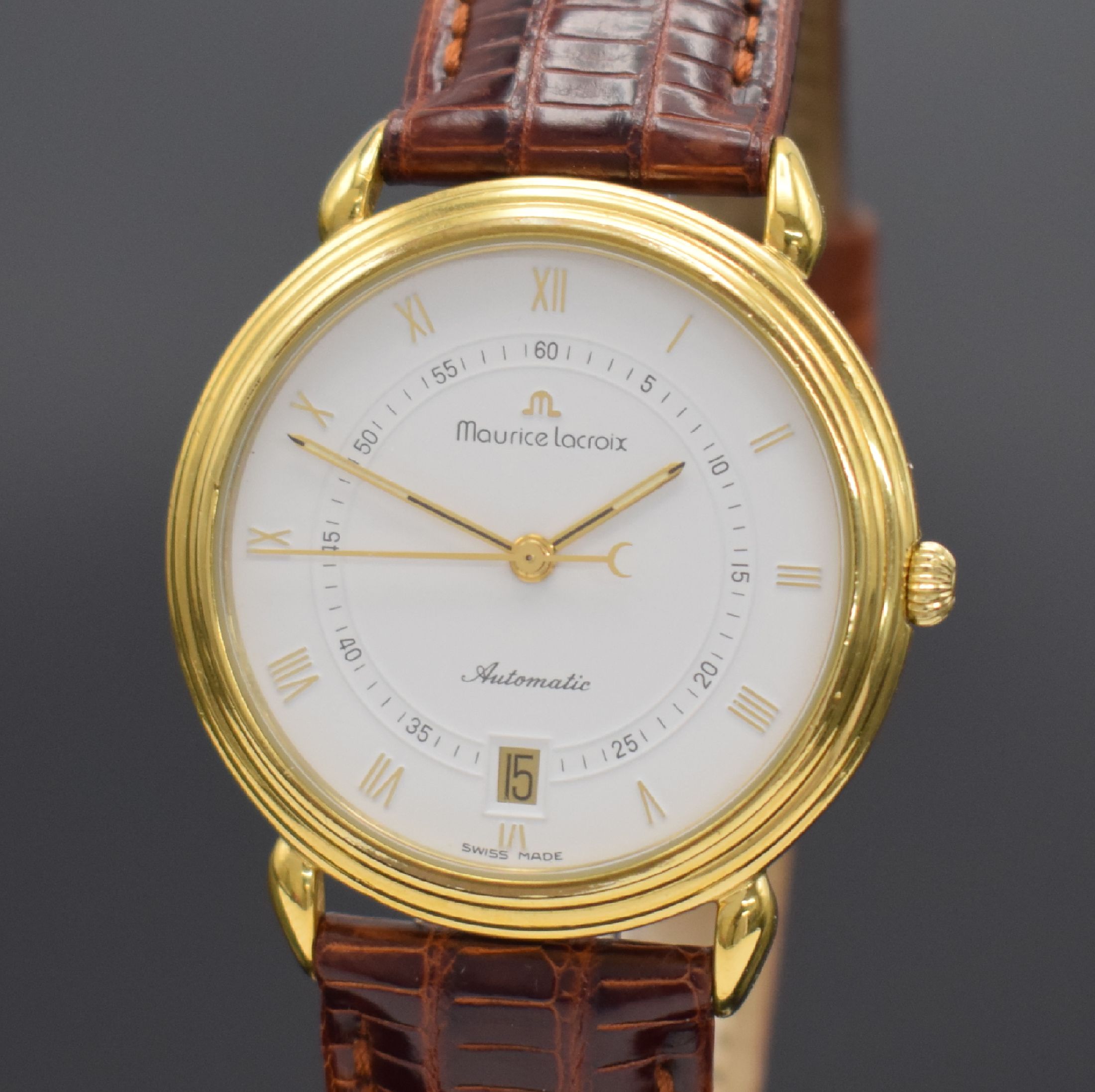 Detail a: MAURICE LACROIX vergoldete Herrenarmbanduhr, Schweiz um 1995, Automatik, beids. vergl. Geh., Ref. 11114, orig. Lederband m. verg. Stiftschl., weißes ...