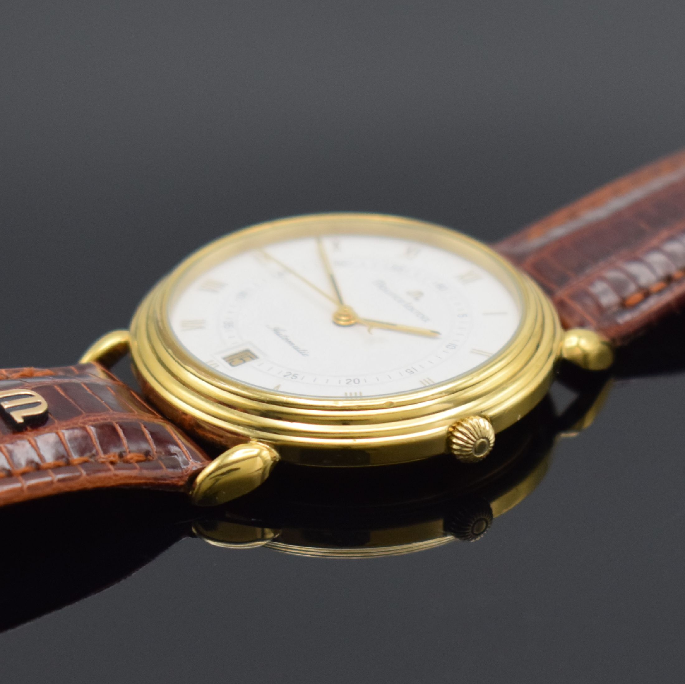 Detail b: MAURICE LACROIX vergoldete Herrenarmbanduhr, Schweiz um 1995, Automatik, beids. vergl. Geh., Ref. 11114, orig. Lederband m. verg. Stiftschl., weißes ...