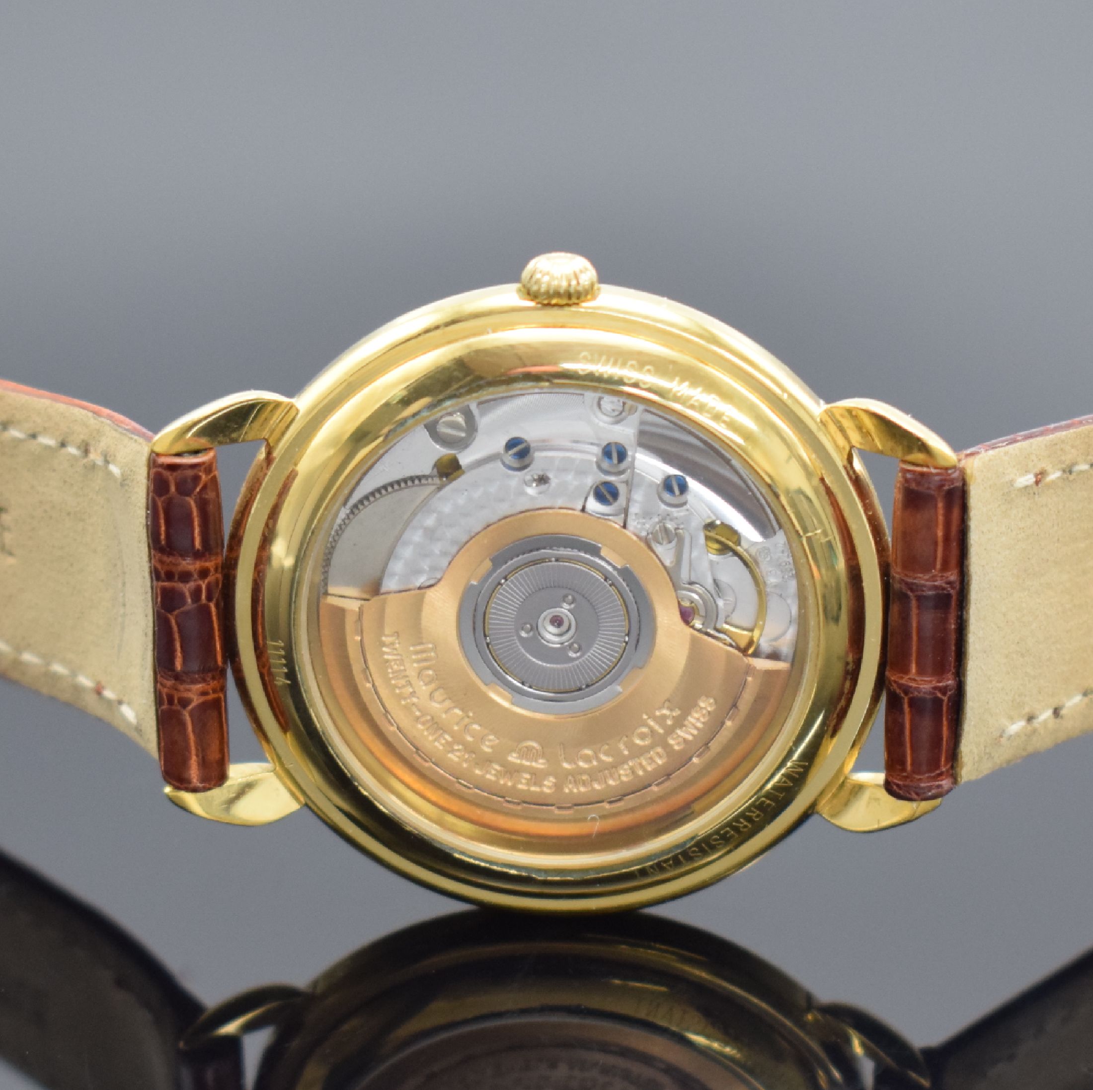 Detail c: MAURICE LACROIX vergoldete Herrenarmbanduhr, Schweiz um 1995, Automatik, beids. vergl. Geh., Ref. 11114, orig. Lederband m. verg. Stiftschl., weißes ...