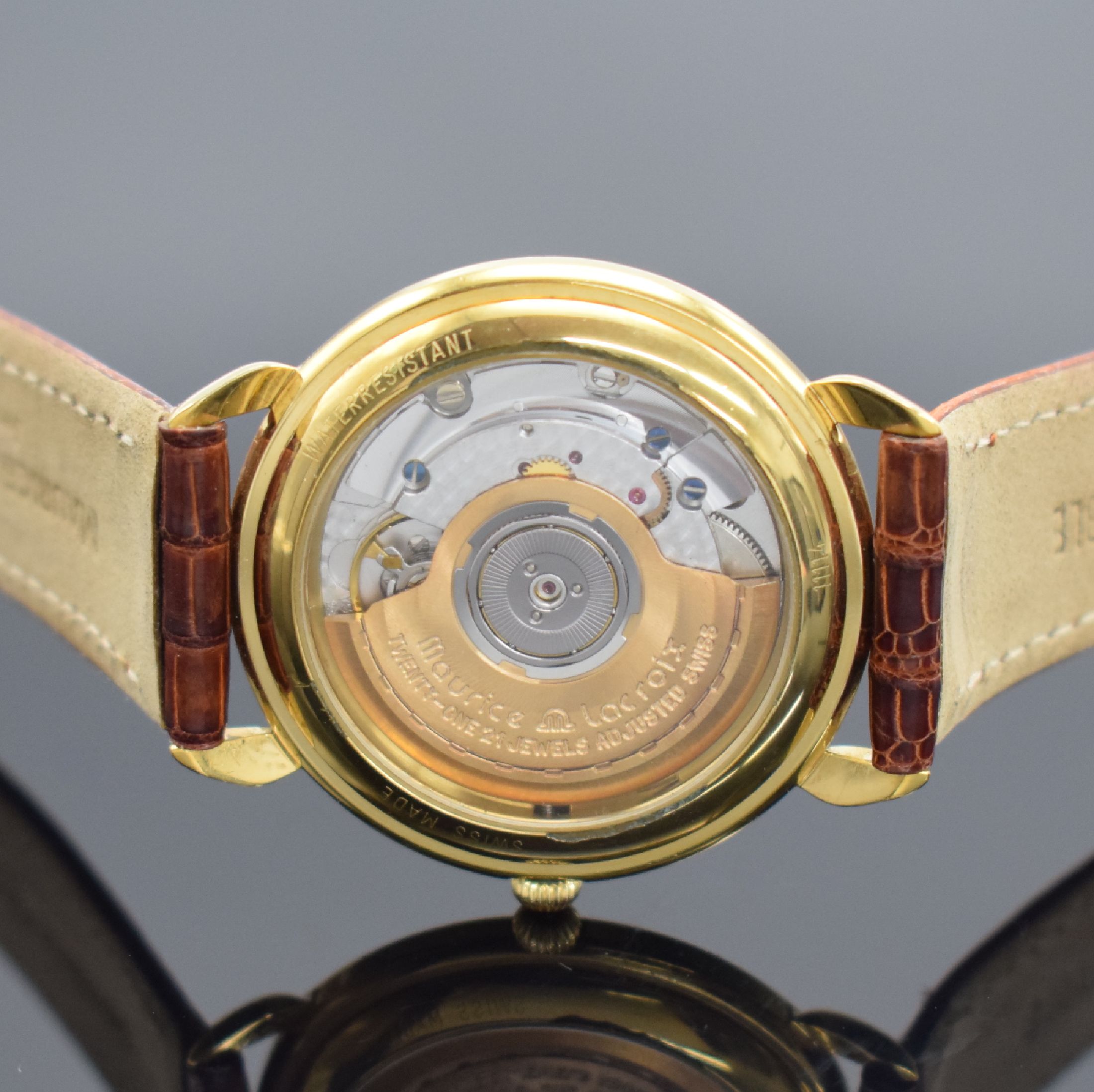 Detail d: MAURICE LACROIX vergoldete Herrenarmbanduhr, Schweiz um 1995, Automatik, beids. vergl. Geh., Ref. 11114, orig. Lederband m. verg. Stiftschl., weißes ...