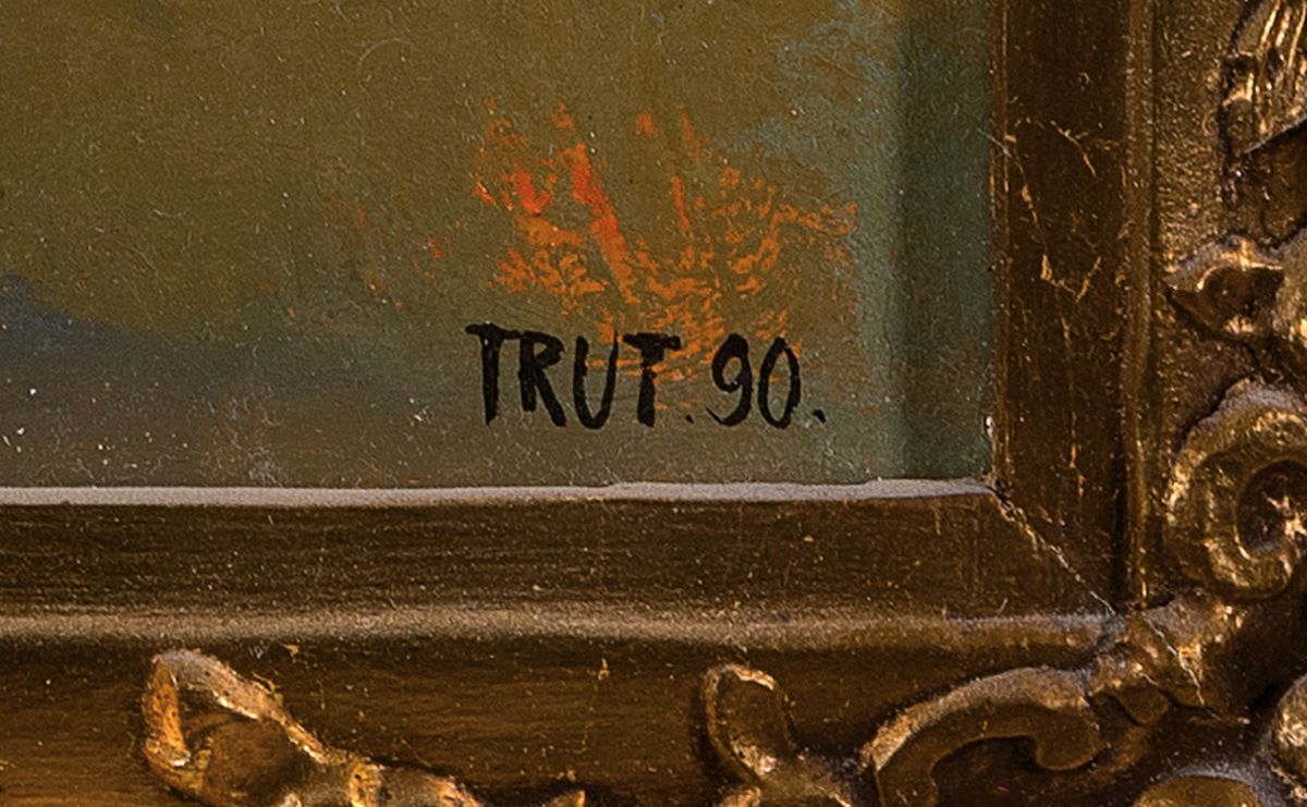 Detail c: Jerzy Trutkowski, geb. 1947 Urodzony, viele Ausstellungen, Acryl/Lwd,, abstr. Landschaftsdarstellung, vorderseitig sign. Trut 90 und rückseitig mit ...