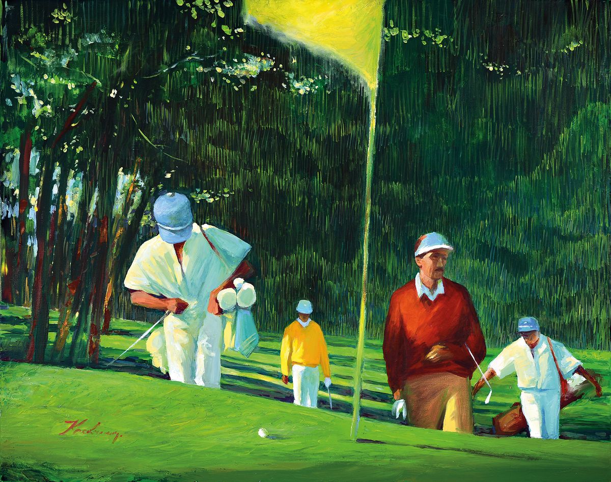 Vladimir N. Kravchenko, Ukrainischer Künstler , hier: Golfspieler, Öl/Lwd, signiert li. u., ca. 74 x 92 cm, rückseitig bez. Collection Störk