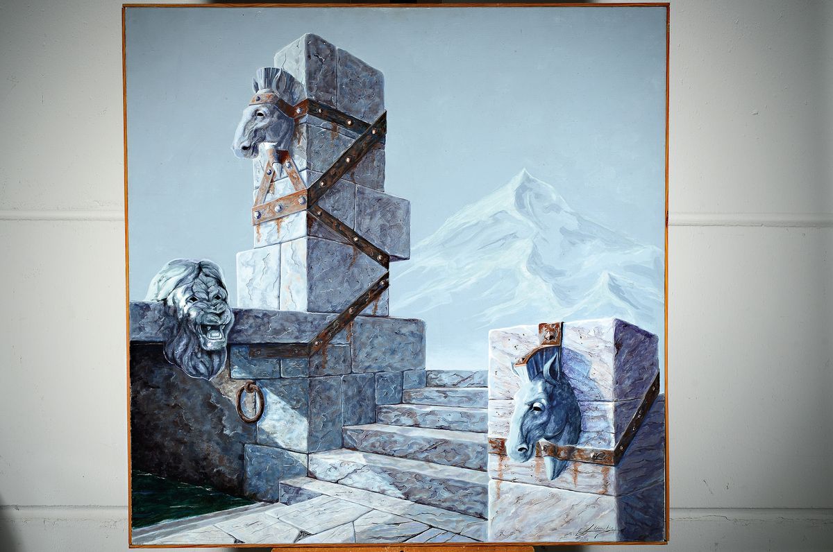 Detail k: Luis Urritia, spanischer zeitgenössischer Künstler, phantastischer Realismus, Öl/Lwd, signiert ca. 100 x 100 cm cm