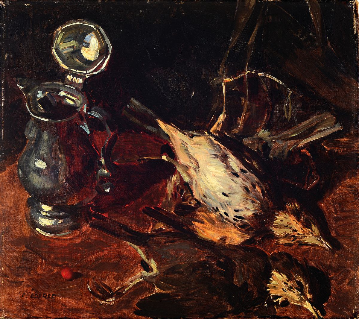 Carl Ederer, 1875 Wien-1951 Düsseldorf, Stillleben mit Zinnkrug und Vögel, Öl/Lwd, links unten signiert, ca. 32x36.5cm
