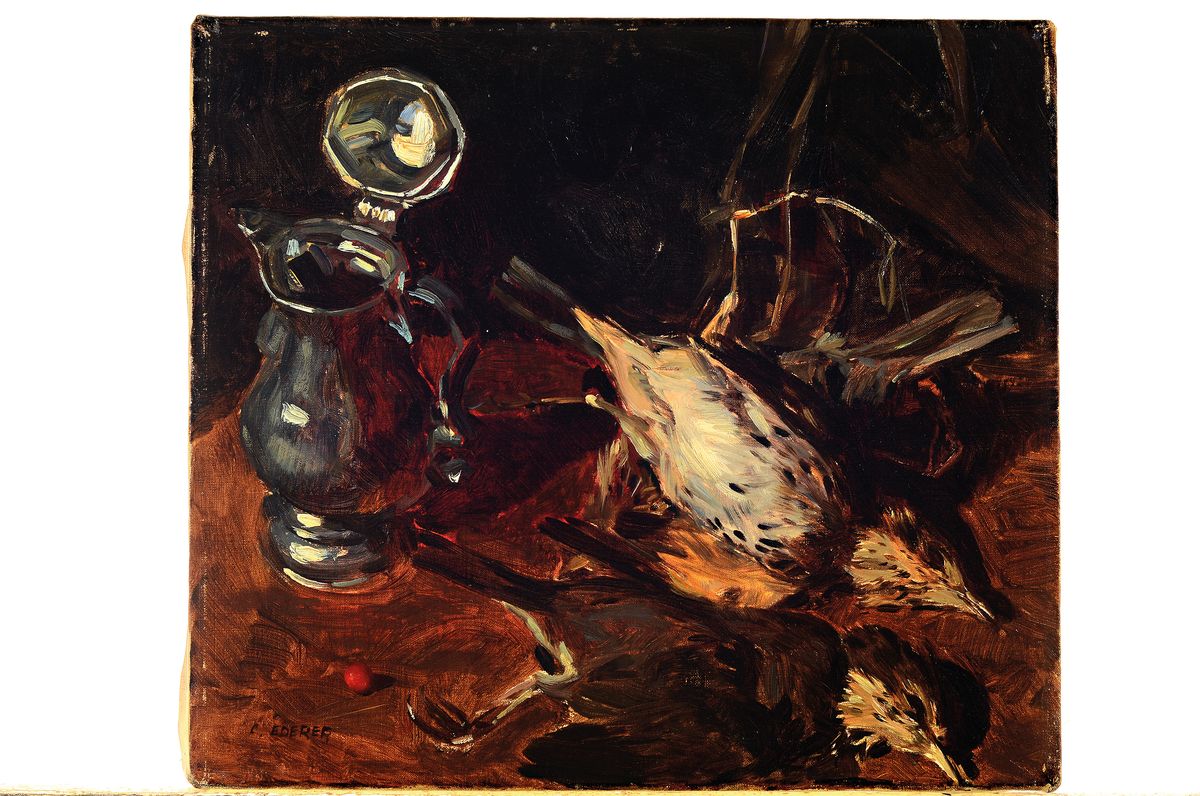 Detail k: Carl Ederer, 1875 Wien-1951 Düsseldorf, Stillleben mit Zinnkrug und Vögel, Öl/Lwd, links unten signiert, ca. 32x36.5cm
