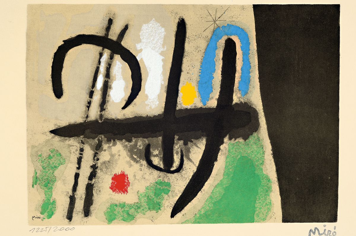 Joan Miro, 1893-1983, Farblithographie, rechts unten Stempelsignatur, links unten num. 1225/2000, rückseitig Adagp, Trocken-stempel Europa, ca. ...